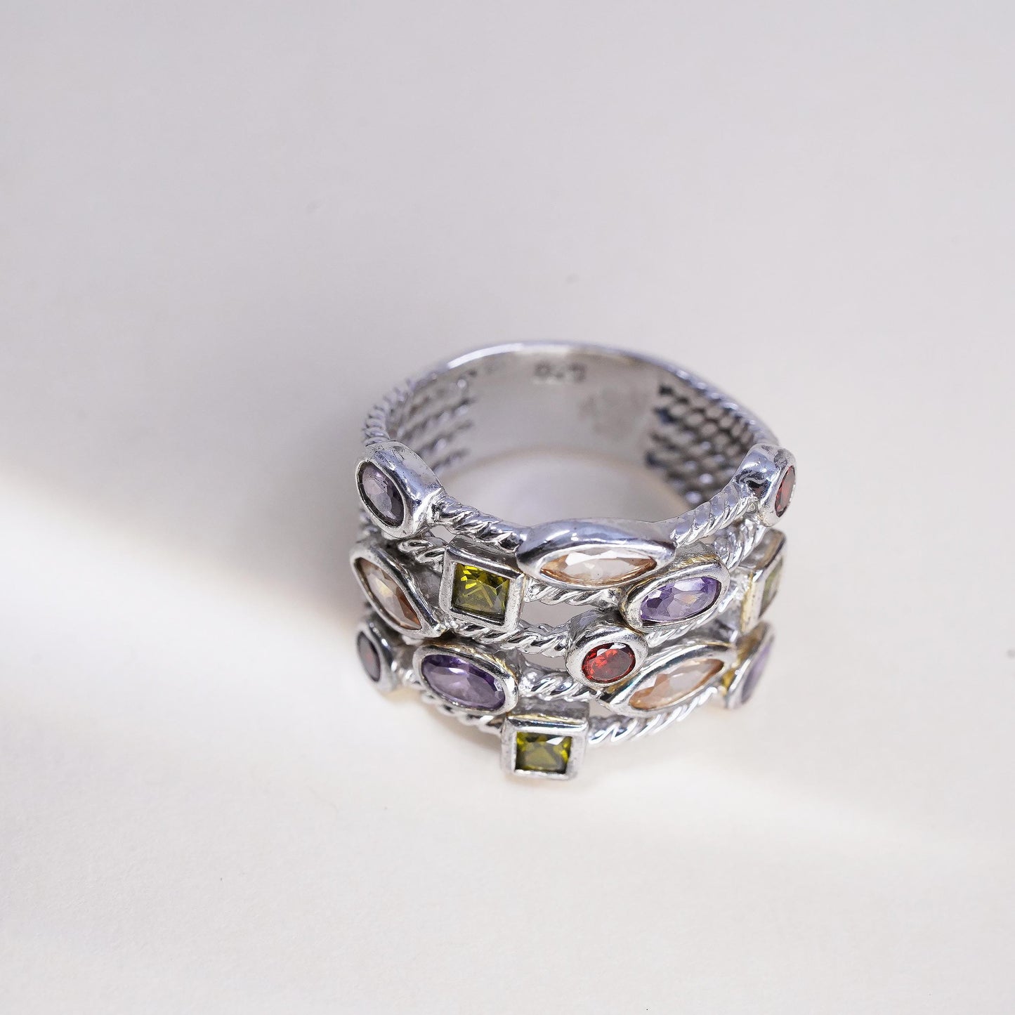 Size 9, 925 Sterling Silver Multi Gemstone Wide Cable Band Ring, Peridot Topaz