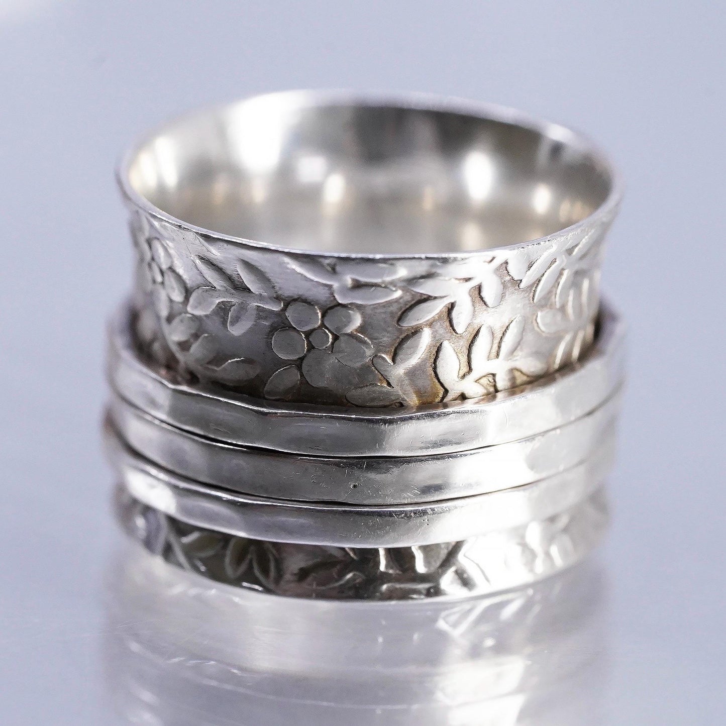Size 7, 925 Sterling Silver Spinner Ring Wide Band Meditation Boho Swivel Band