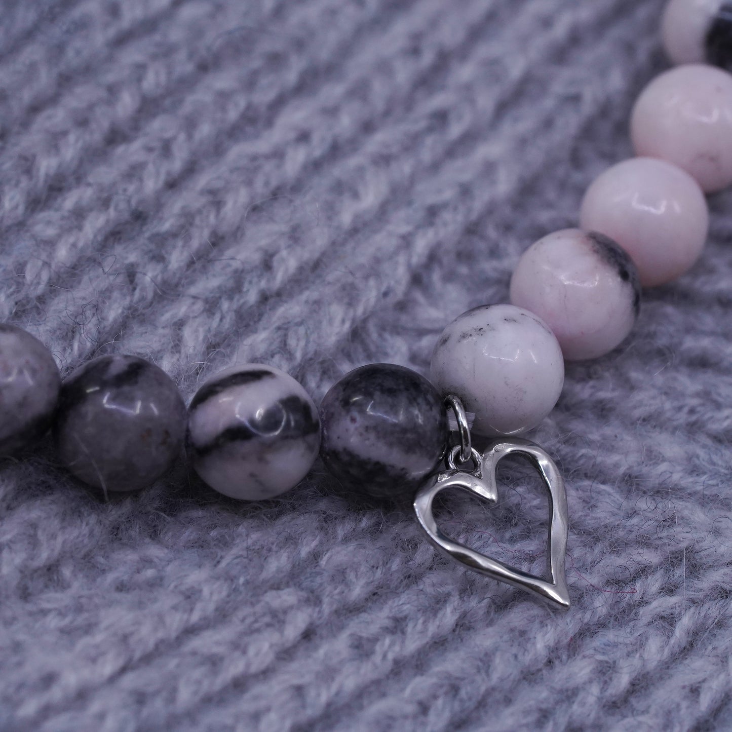 6.75”, handmade pink quartz beads Bracelet with sterling 925 silver heart charm