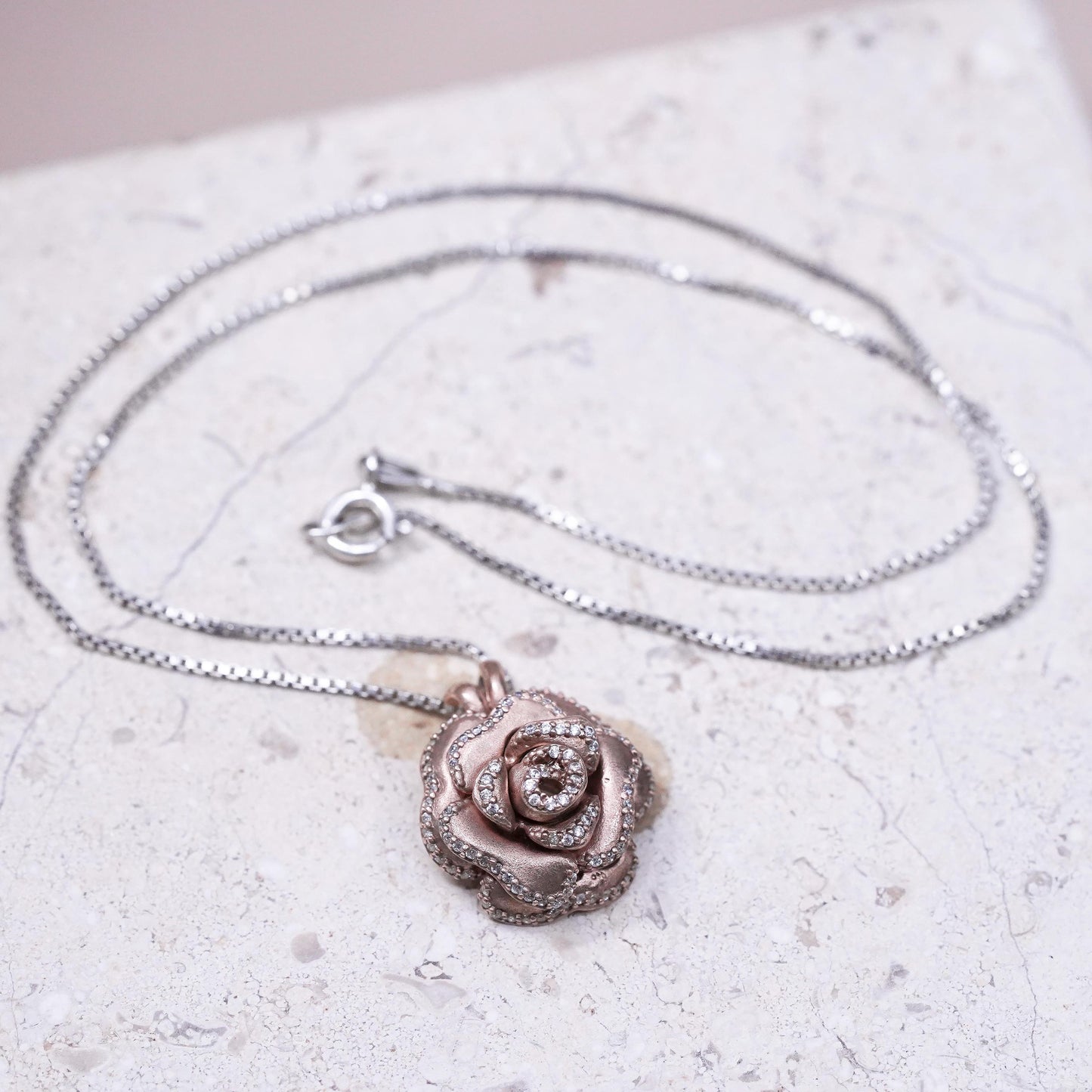 16”, Sterling 925 silver necklace, 925 box chain vermeil gold flower pendant