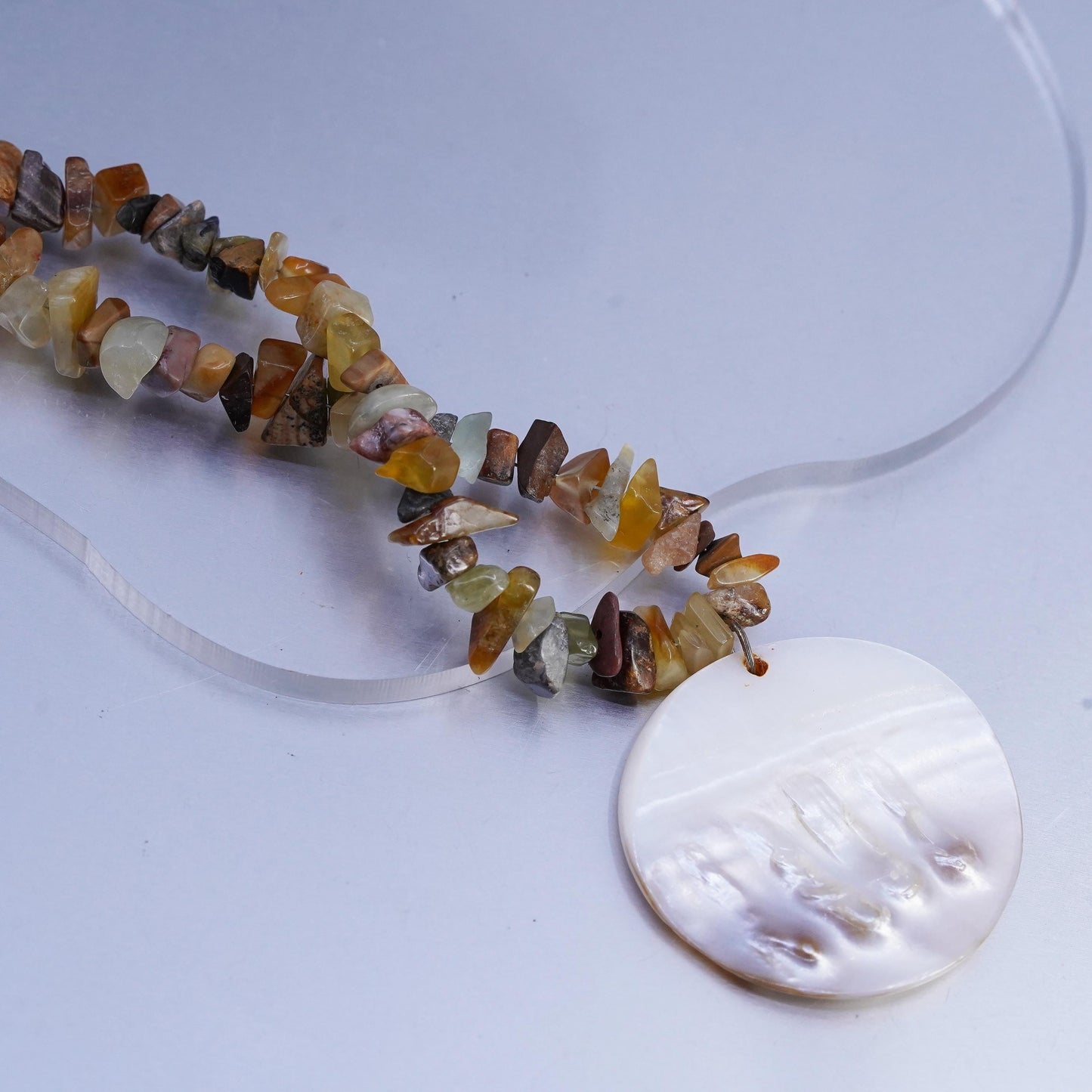 16” Sterling Silver Jasper agate beads necklace round Blister Pearl pendant