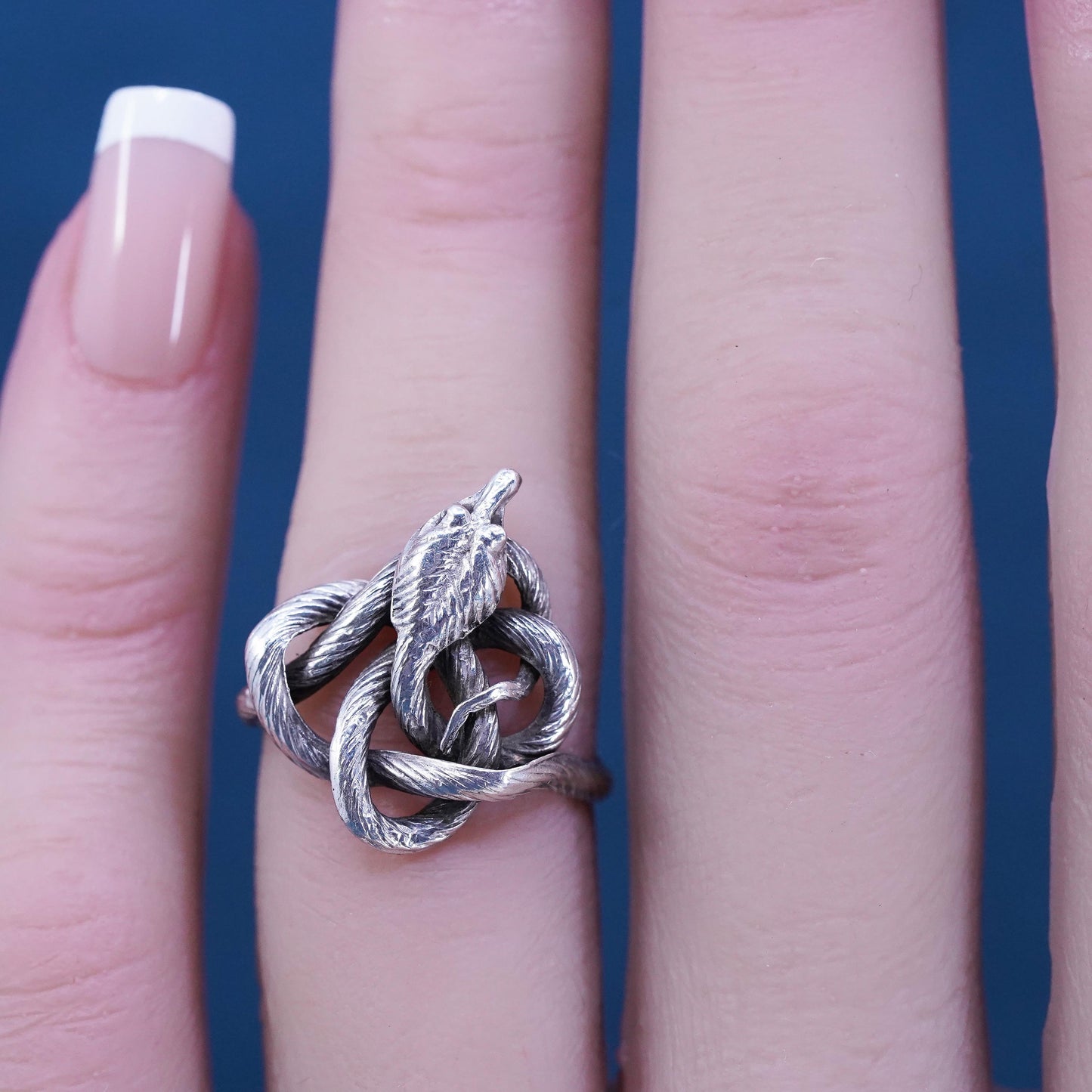 Size 4, vintage Sterling silver handmade entwined snake ring, 925 band