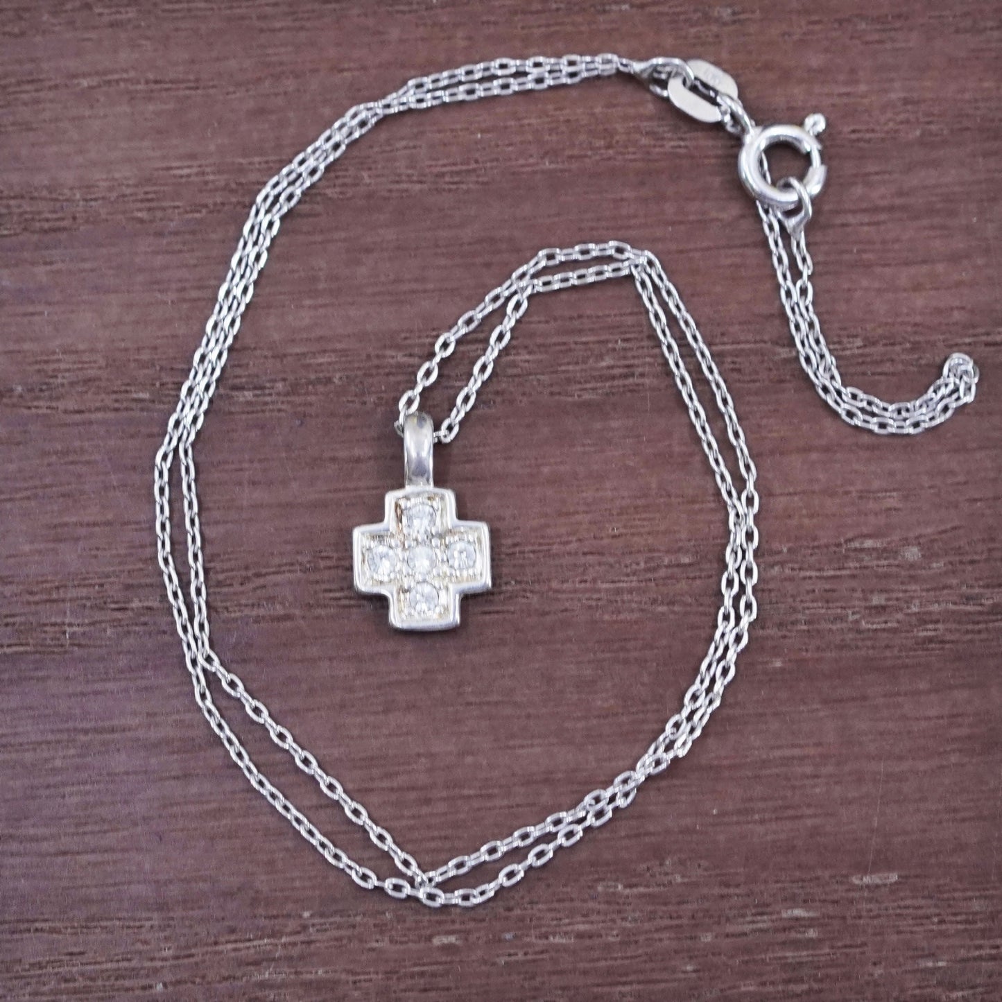 16”, vintage Sterling silver necklace, 925 circle chain with Cz cross pendant