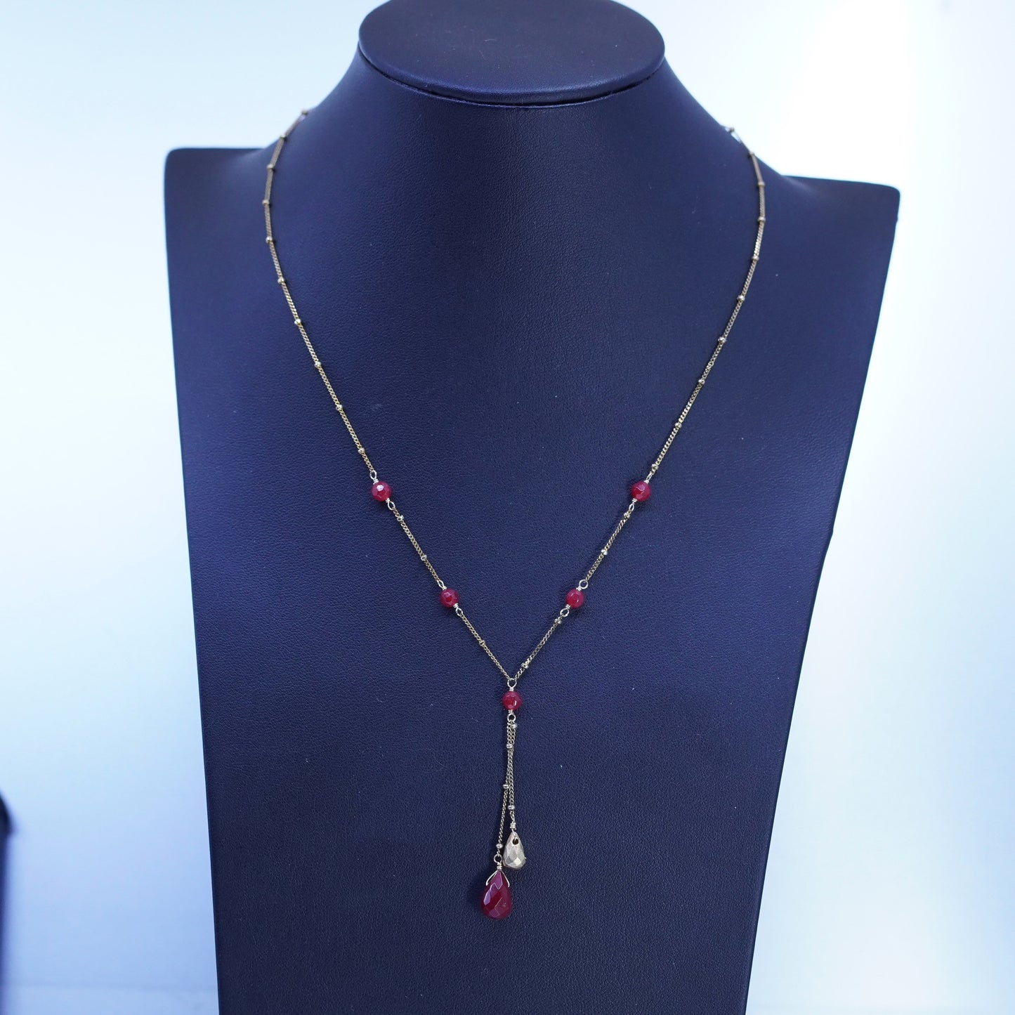 17”, vermeil gold Sterling 925 silver curb chain necklace teardrop ruby pendant