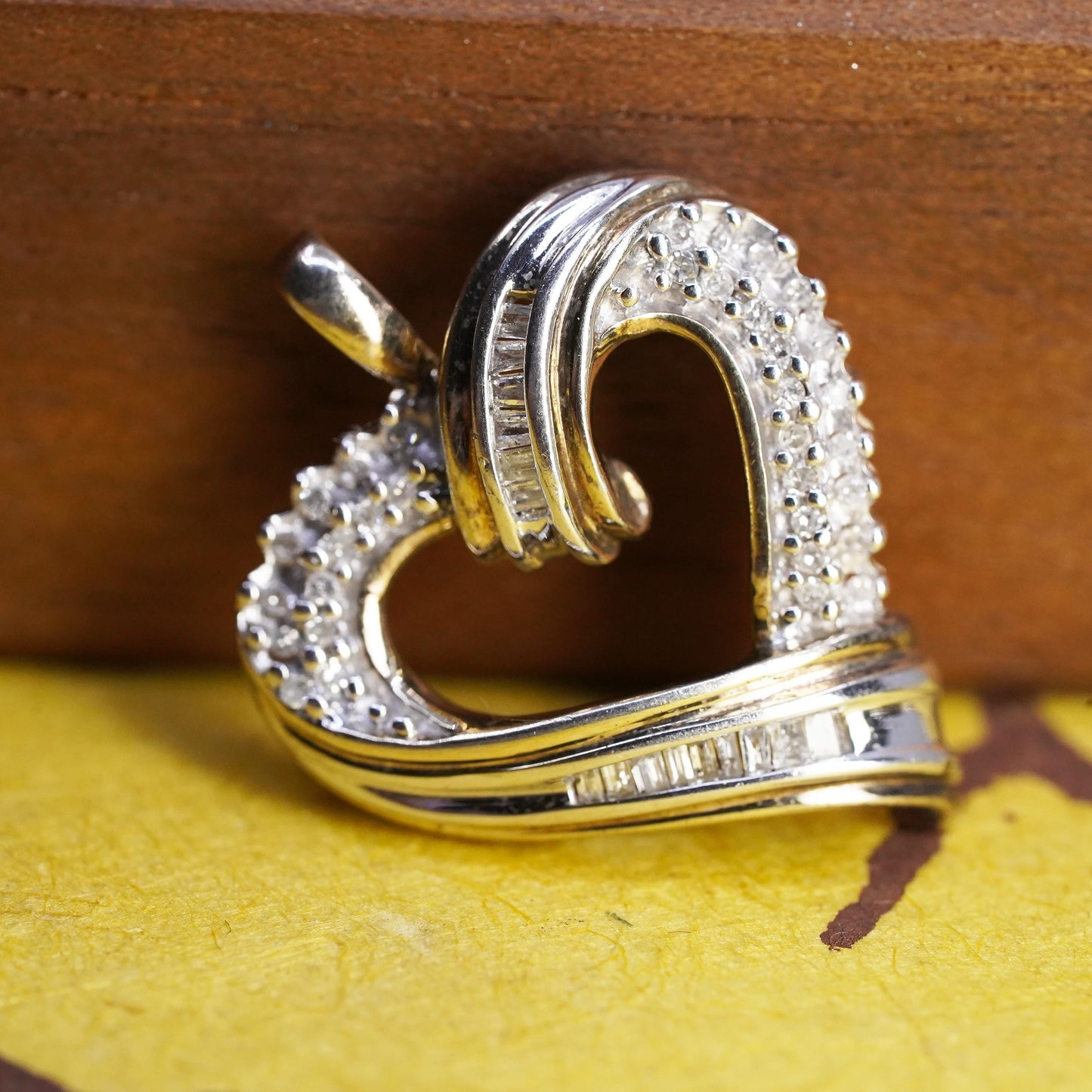 Vintage JWBR sterling silver pendant, 925 ribbed heart with cluster diamonds