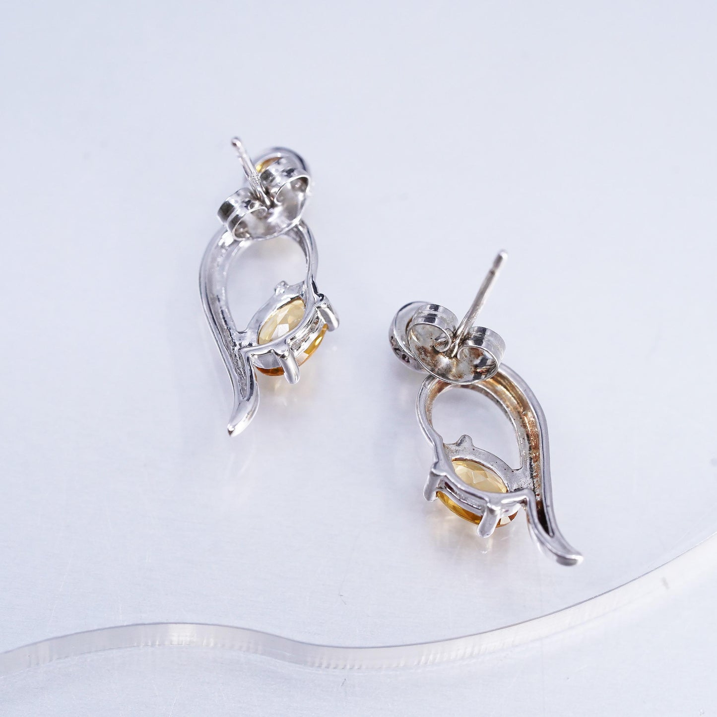 Vintage minimalist Modern wave Sterling Silver Earrings, 925 Studs citrine