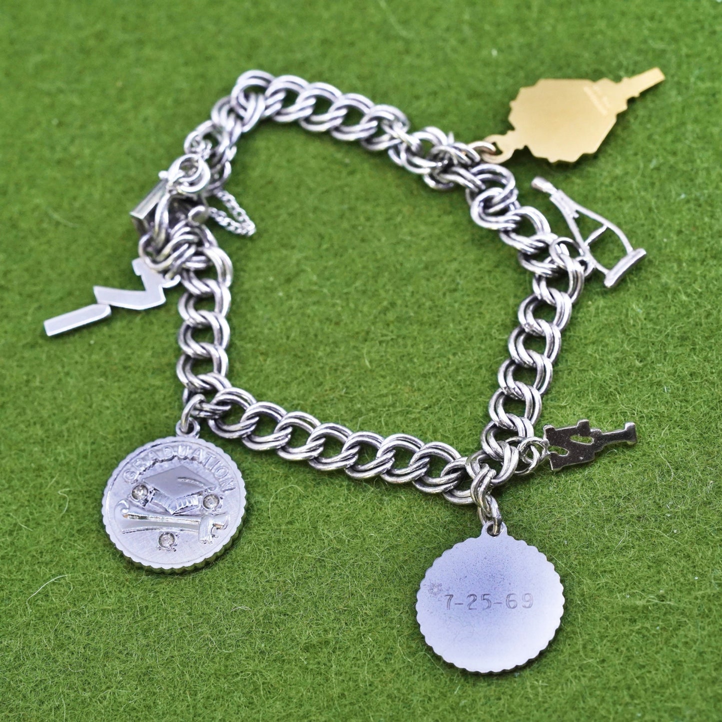 7", 7mm, Vintage sterling silver bracelet, 925 double curb chain with 5 charms