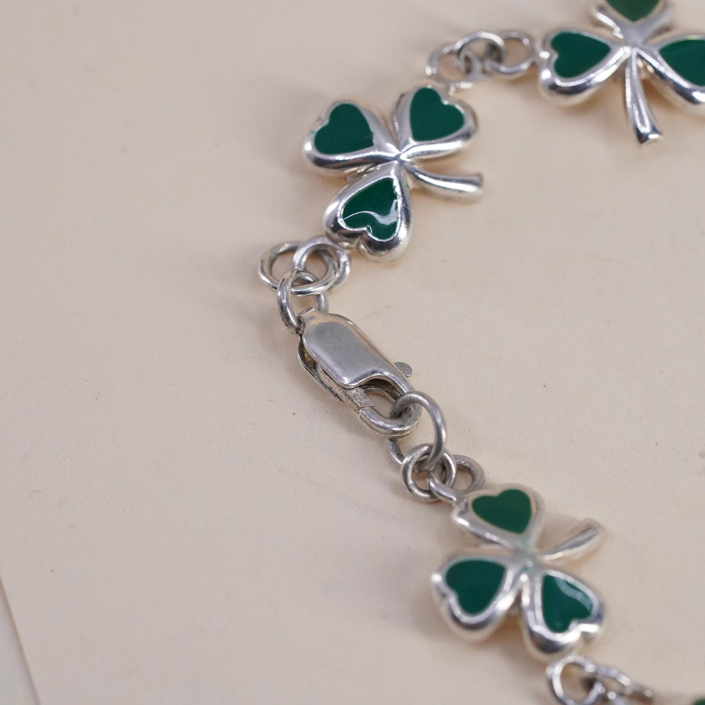 8", Sterling Silver Green Enamel Shamrock Bracelet, Irish Lucky Clover, Jewelry