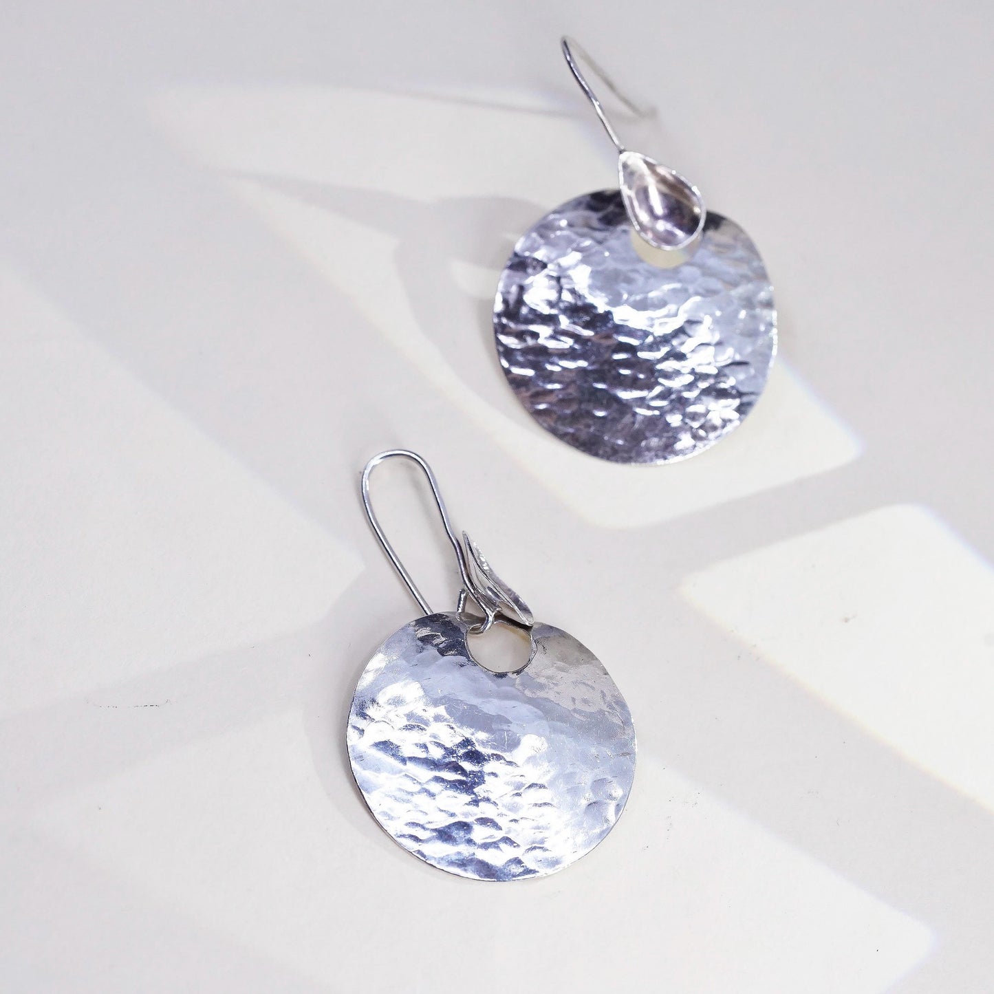 Vintage sterling silver handmade earrings, 925 silver round dangles hammered