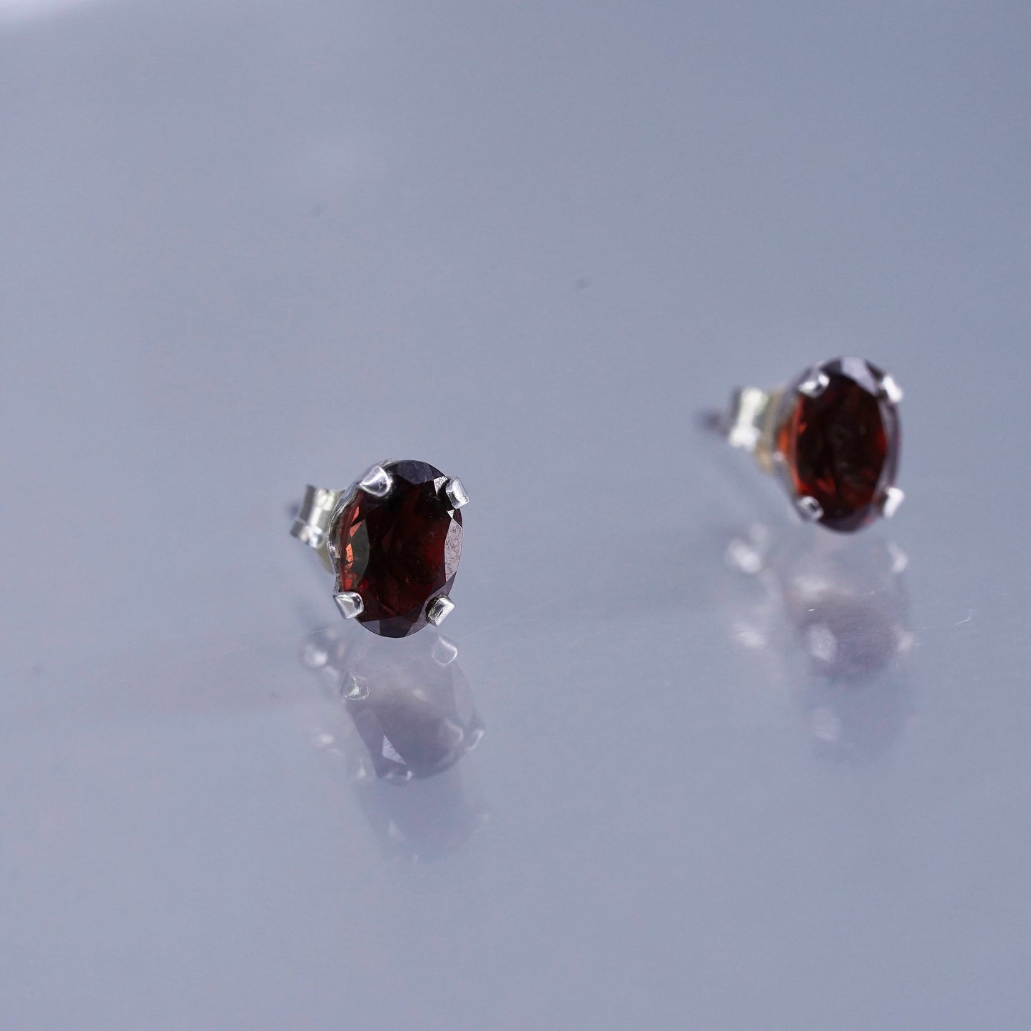 Vintage Sterling 925 silver handmade earrings, oval studs with ruby