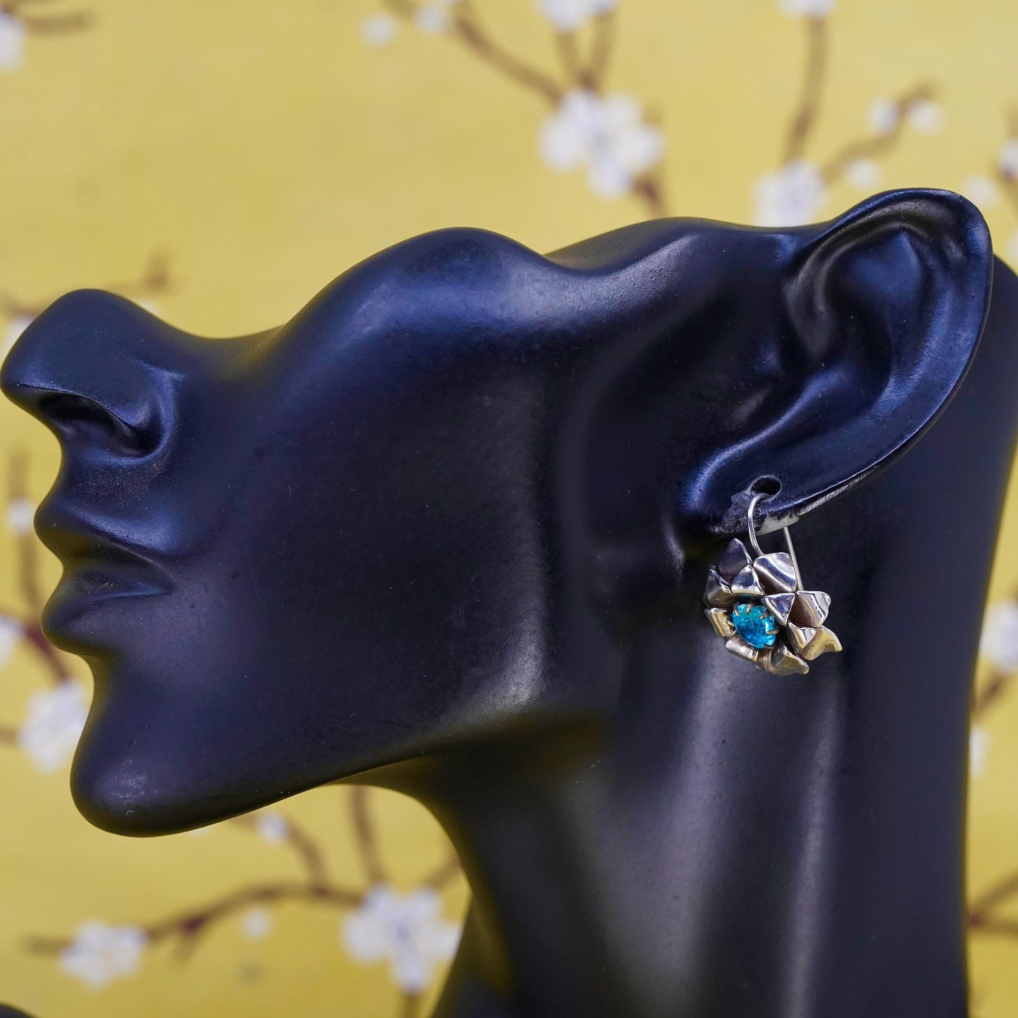 Vintage H. OKEY Sterling silver earrings, 925 flower dangles blue rhinestones