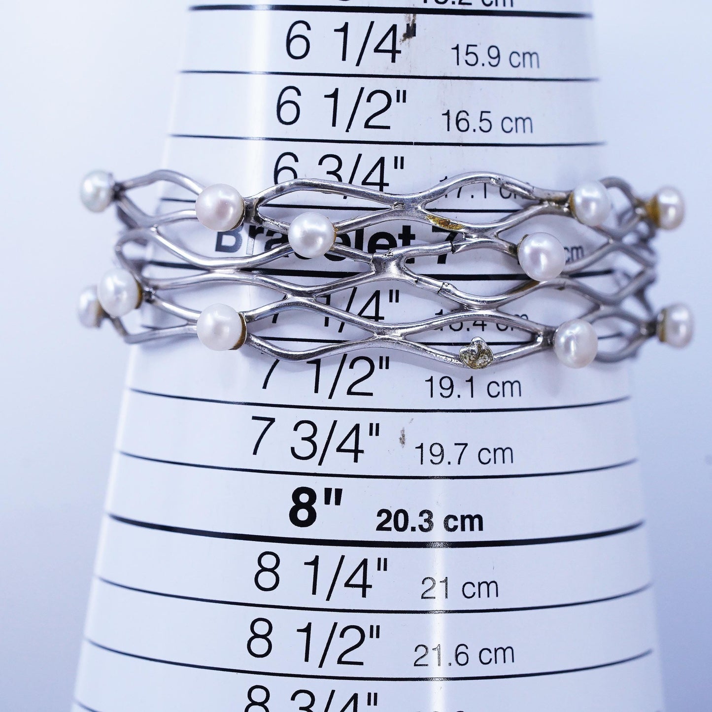 7", DAMAGED! Sterling 925 silver bracelet, ocean wave cuff freshwater pearls