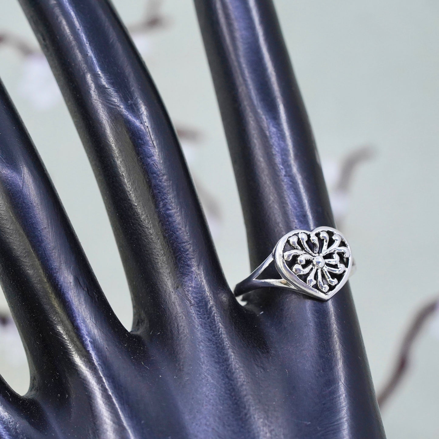 Size 7.5, Vintage sterling silver handmade wired ring, 925 filigree heart band