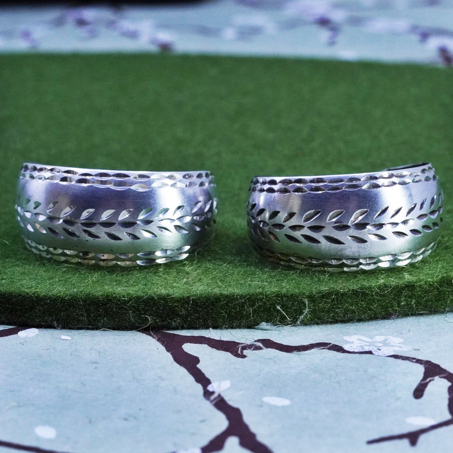 1.25”, Vintage sterling silver handmade earrings, textured wide Huggie hoops