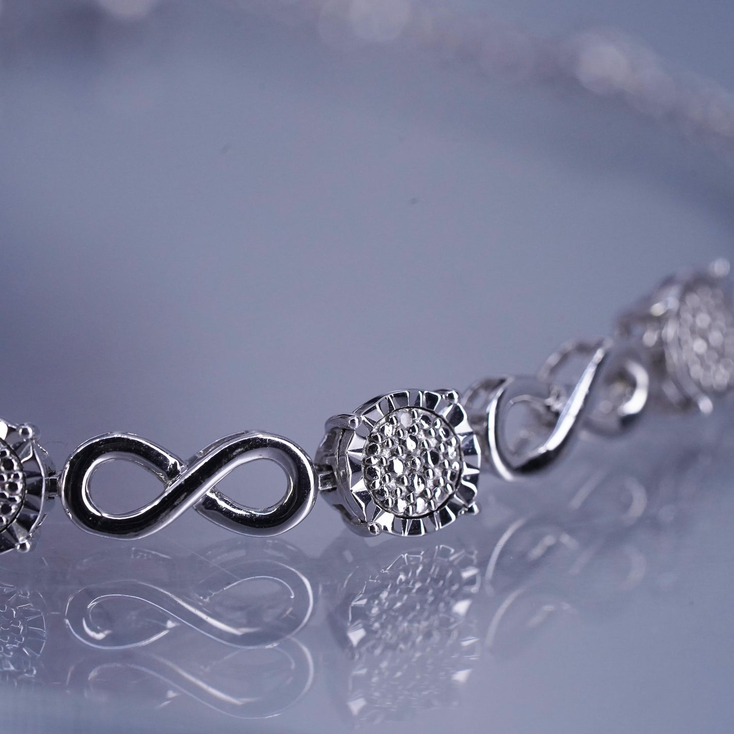 6.5+1”, vintage Sterling 925 silver bracelet, wheat chain with cluster diamonds