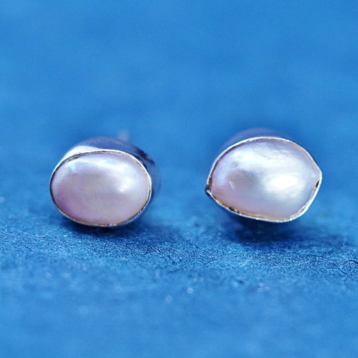 Vintage sterling silver handmade earrings, 925 oval studs with pearl