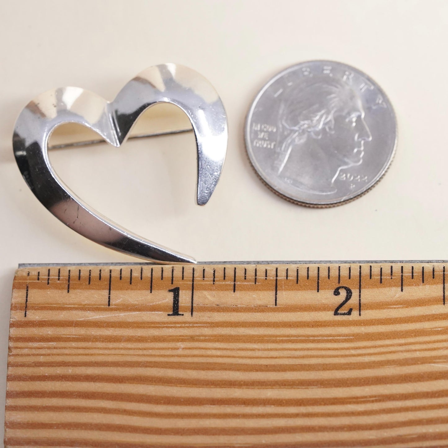 Vintage sterling silver handmade brooch, 925 open heart