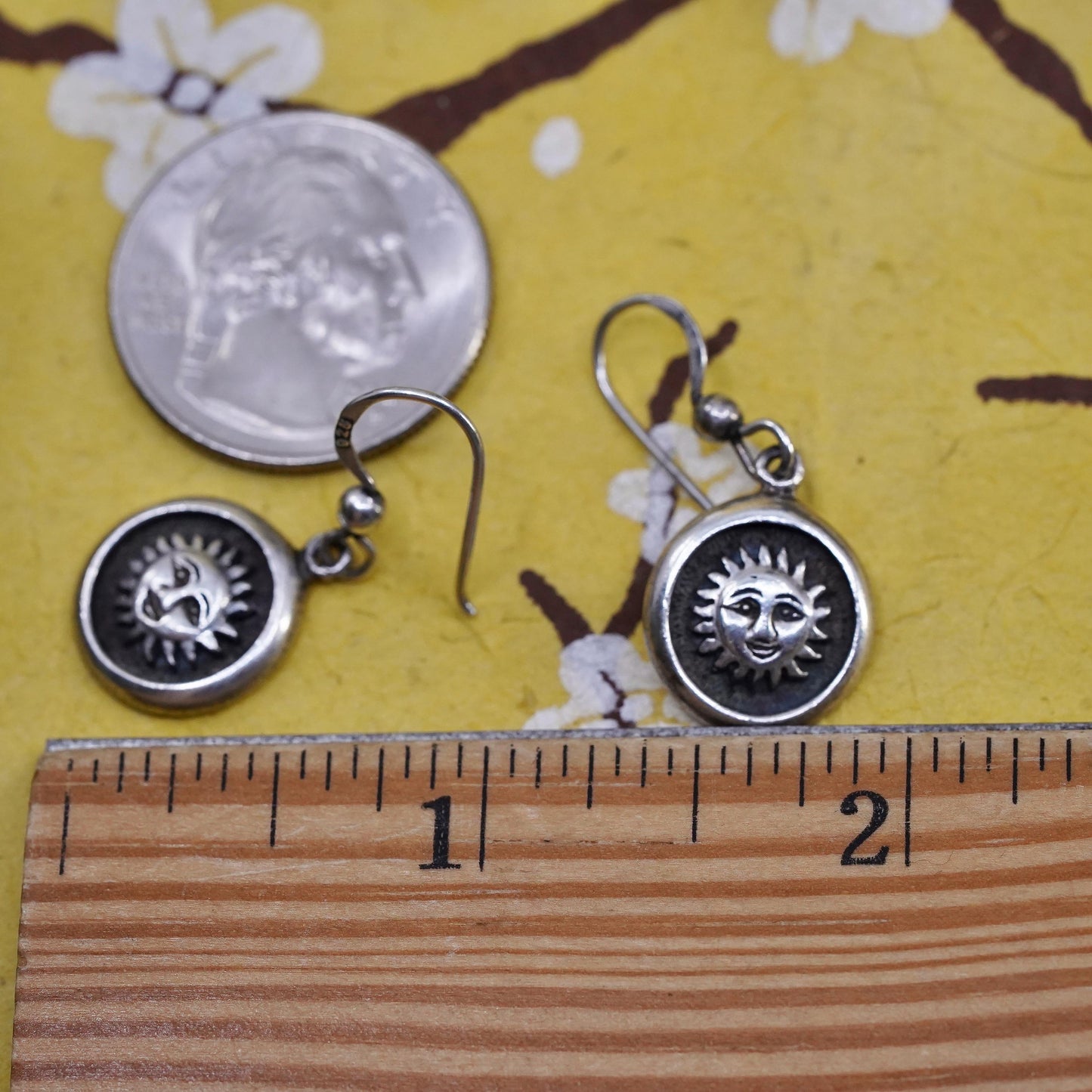 Vintage Bocco Sterling Silver Sun Face Dangle Earrings, Stamped 925 Handmade