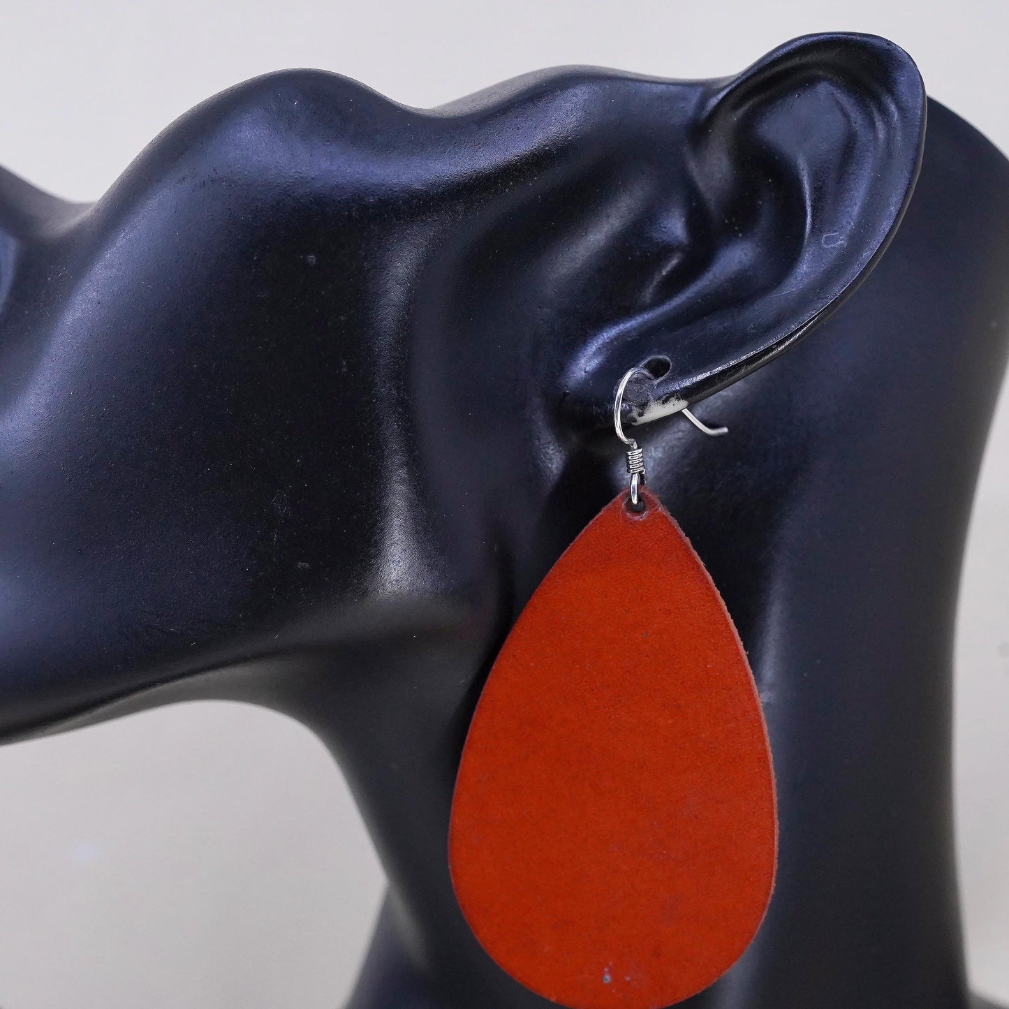 Vintage 925 Sterling Silver handmade Earrings with red leather teardrop