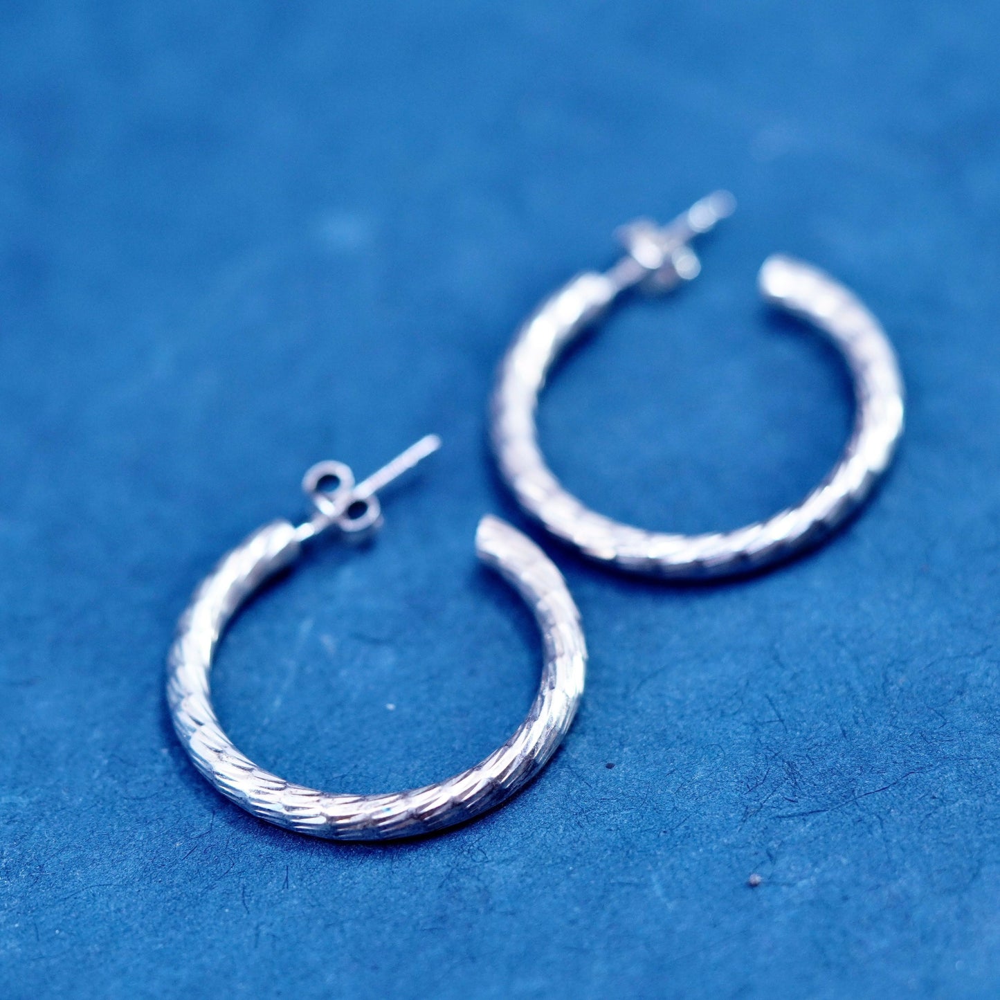 1”, vintage Sterling silver handmade earrings, textured 925 hoops, huggie