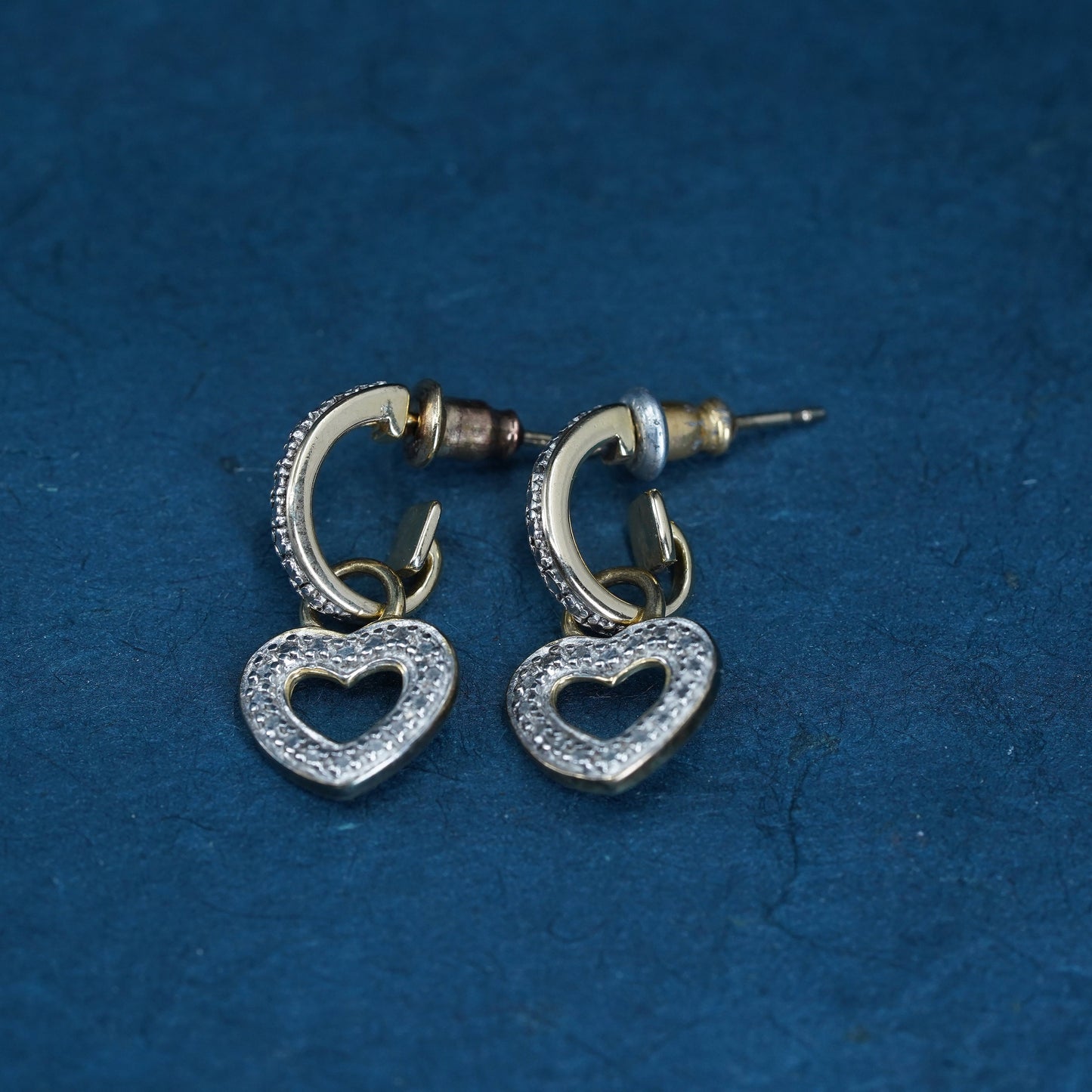 vermeil gold over Sterling silver handmade earrings, 925 heart with diamonds