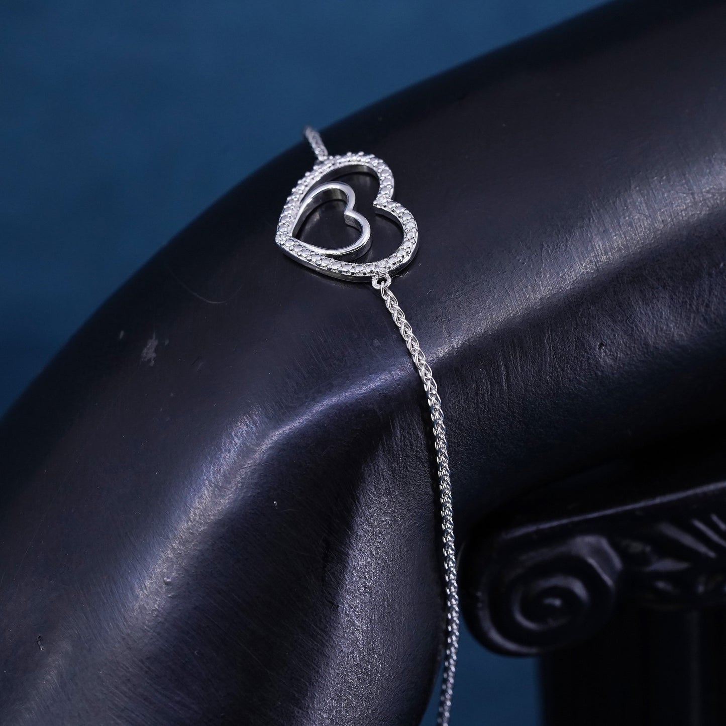 Size adjustable, Sterling 925 silver circle chain bracelet diamond heart charm