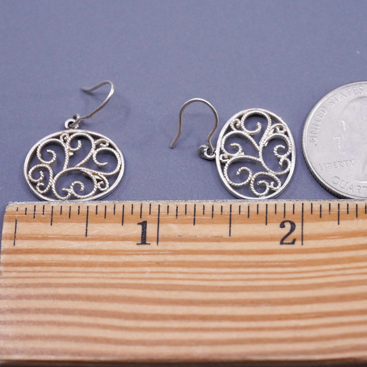 Vintage sterling silver handmade earrings, 925 filigree oval dangles