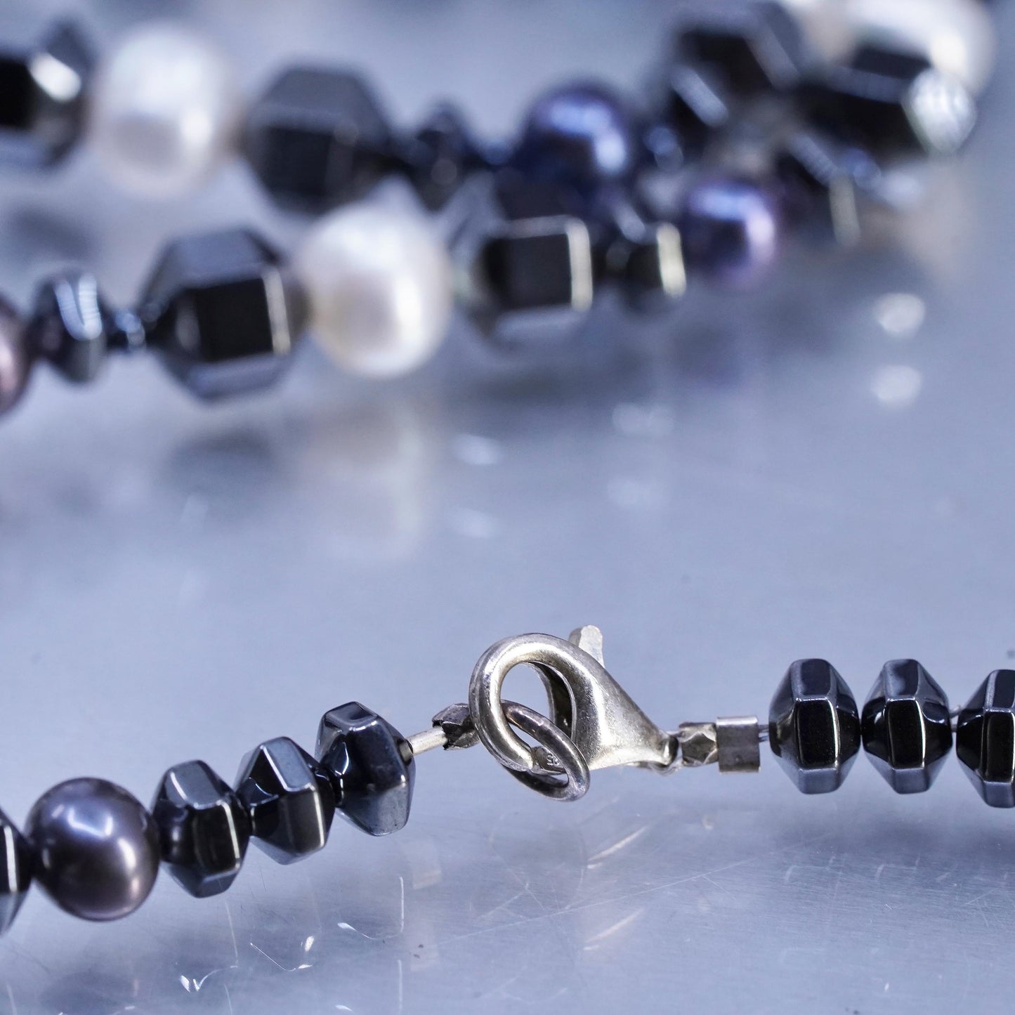 32”, Vintage Sterling 925 silver extra long necklace with hematite pearl beads