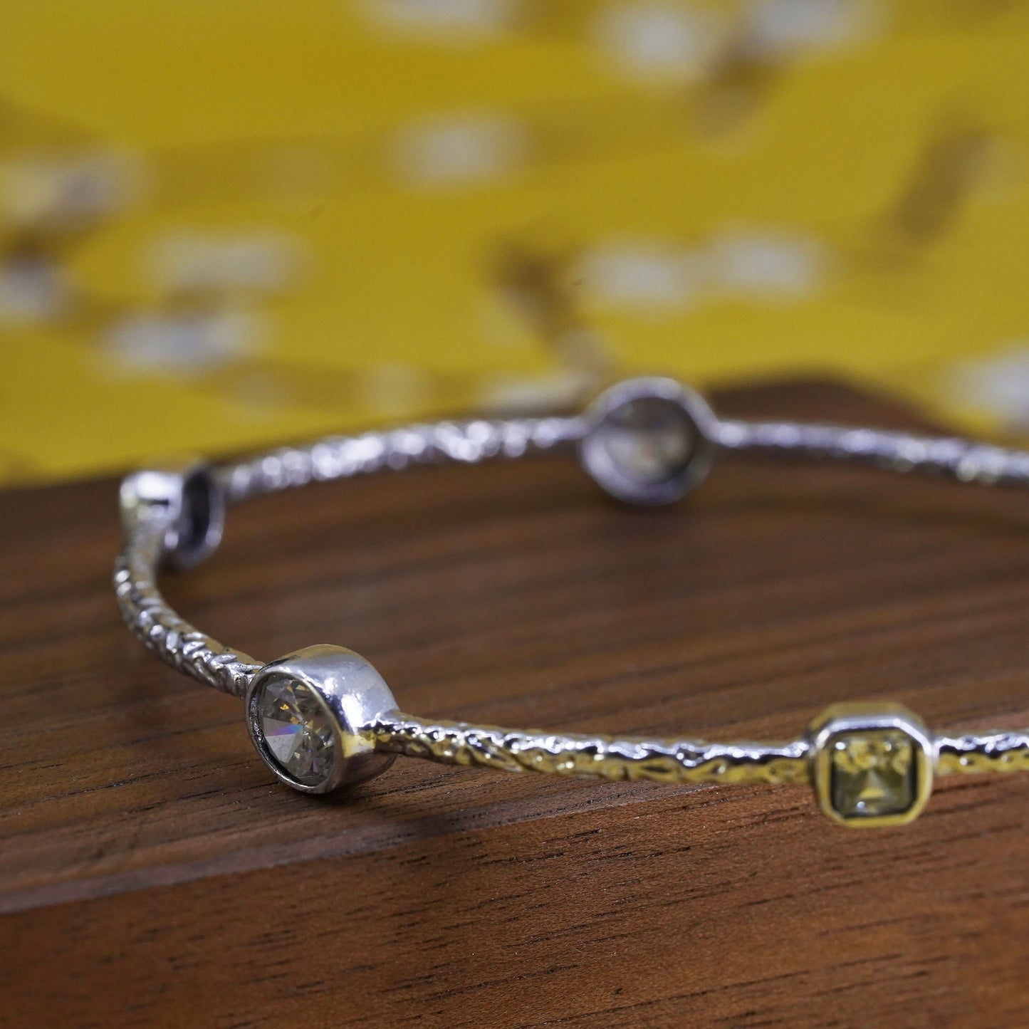 8", Vintage Milor Sterling silver bracelet, textured 925 bangle with sparkly cz