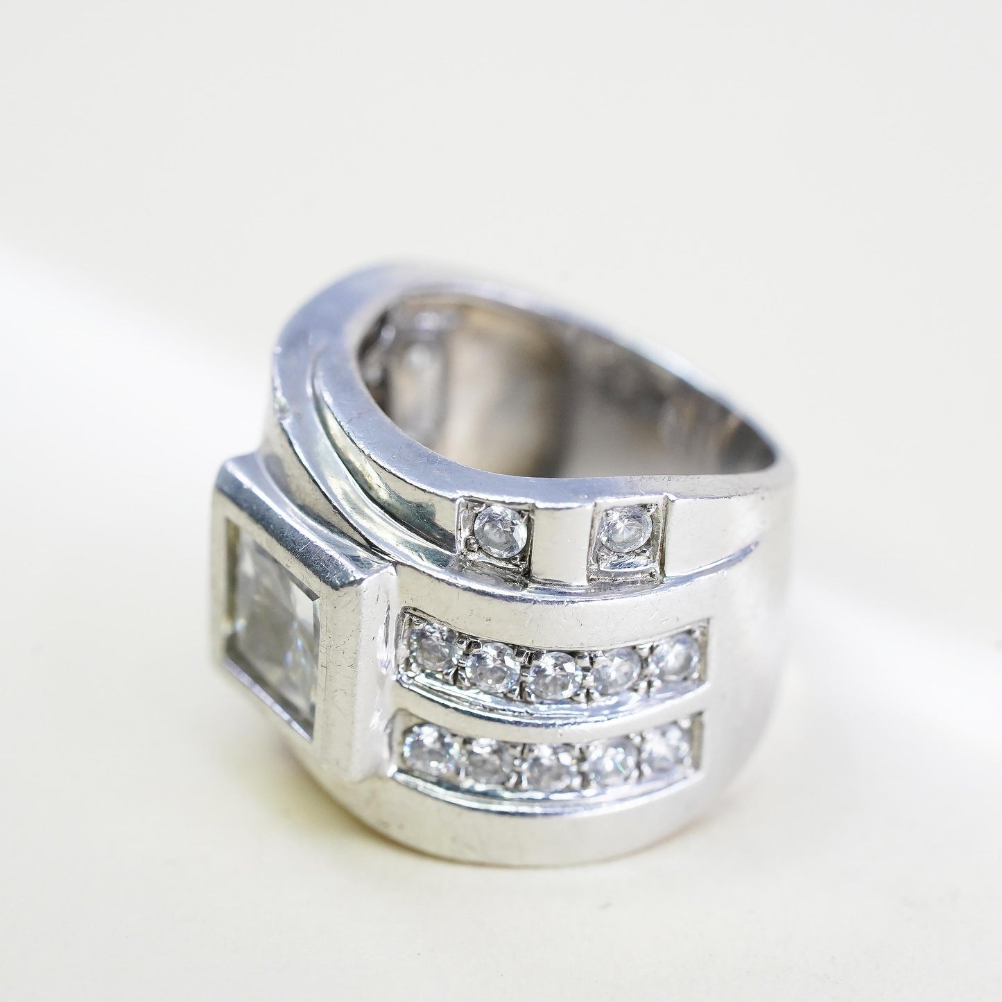 Size 7, Michael Valitutti “NH” 925 Sterling Silver CZ Ring, Wide Ribbed Ring