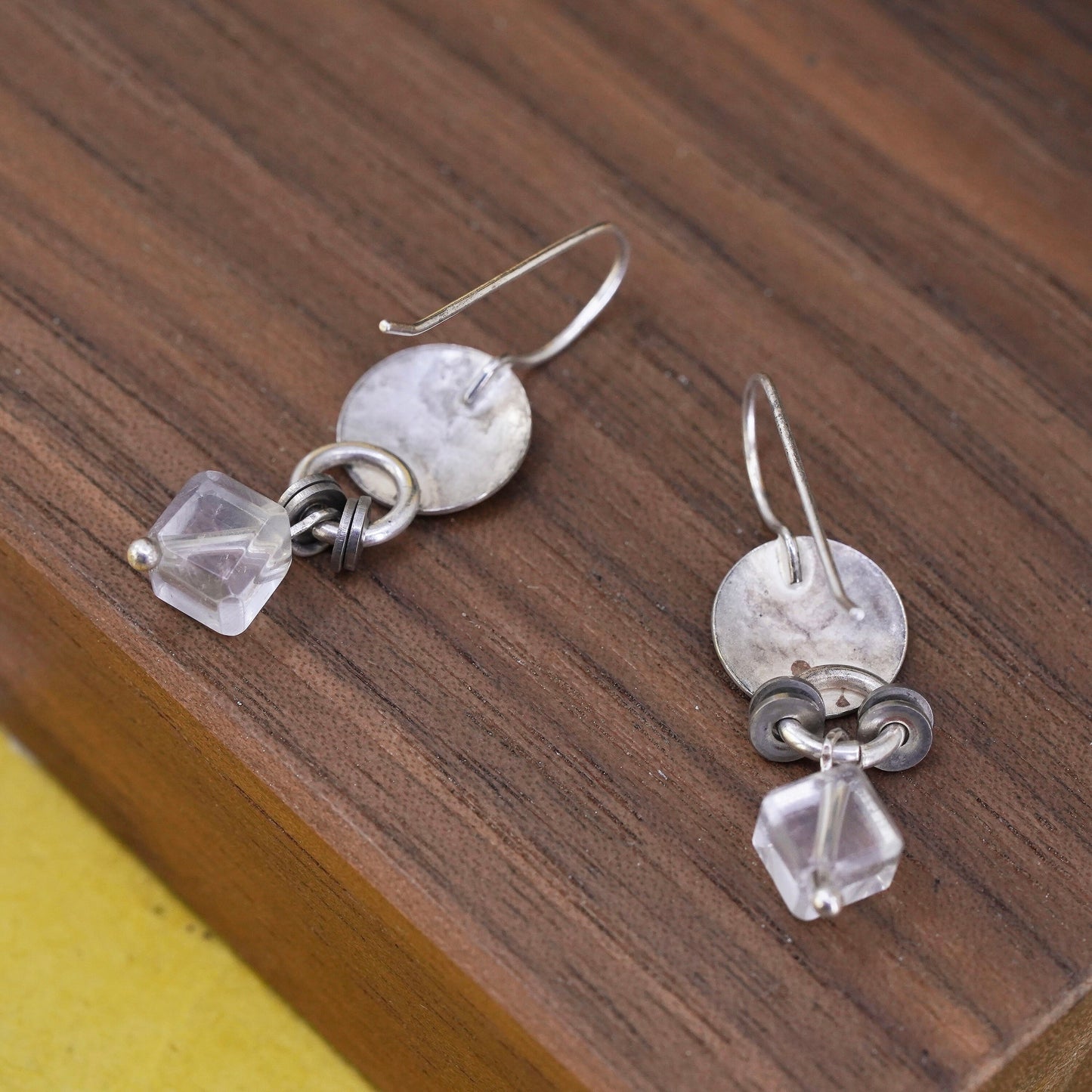 Vintage handmade sterling silver earrings, 925 hammered disc with crystal cube