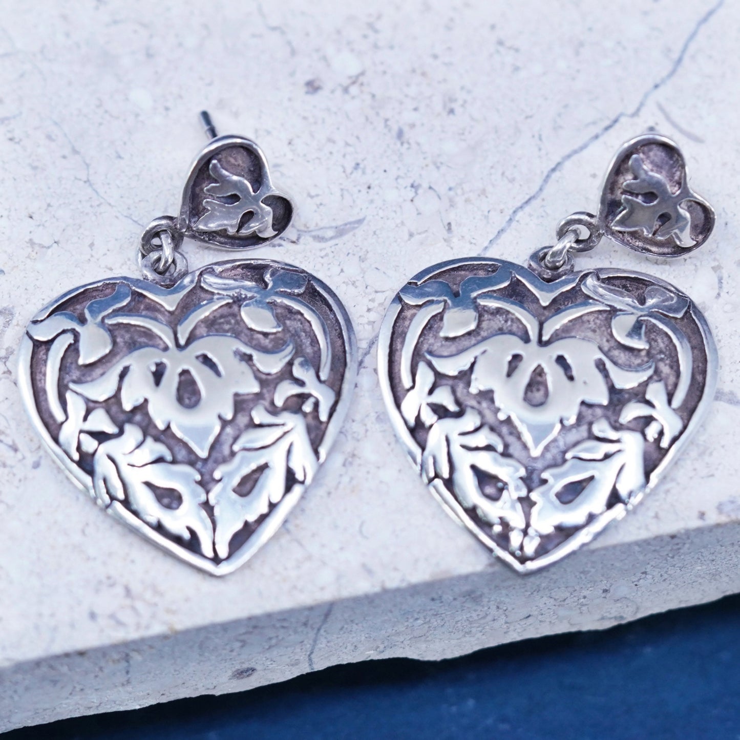 Vintage Sterling silver handmade earrings, textured 925 heart drops
