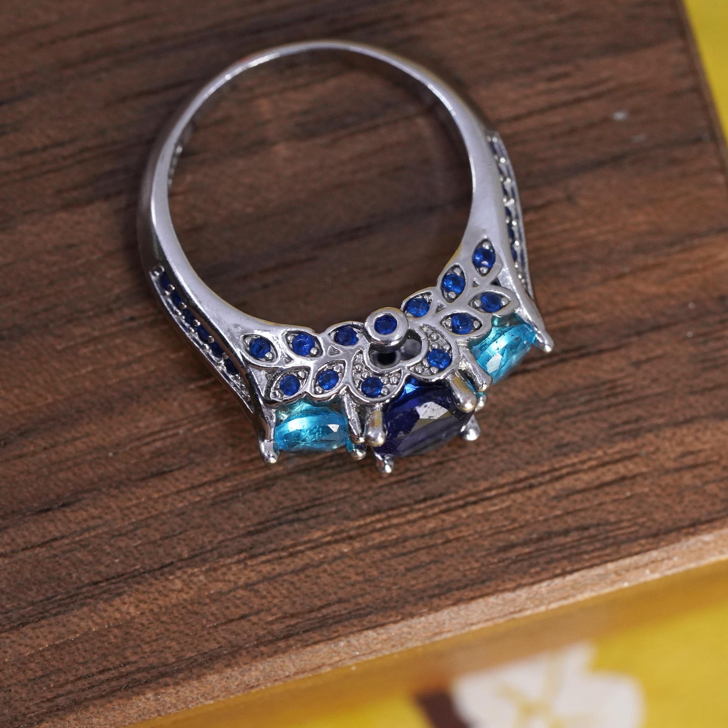 Size 6, vintage Sterling 925 silver handmade engagement ring sapphire and topaz