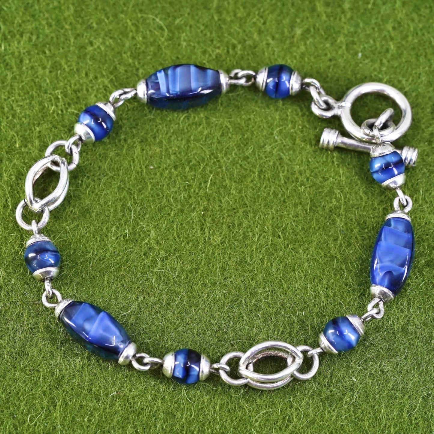 6.5”, Vintage Mexican sterling 925 silver bracelet with blue tiger eye nuggets