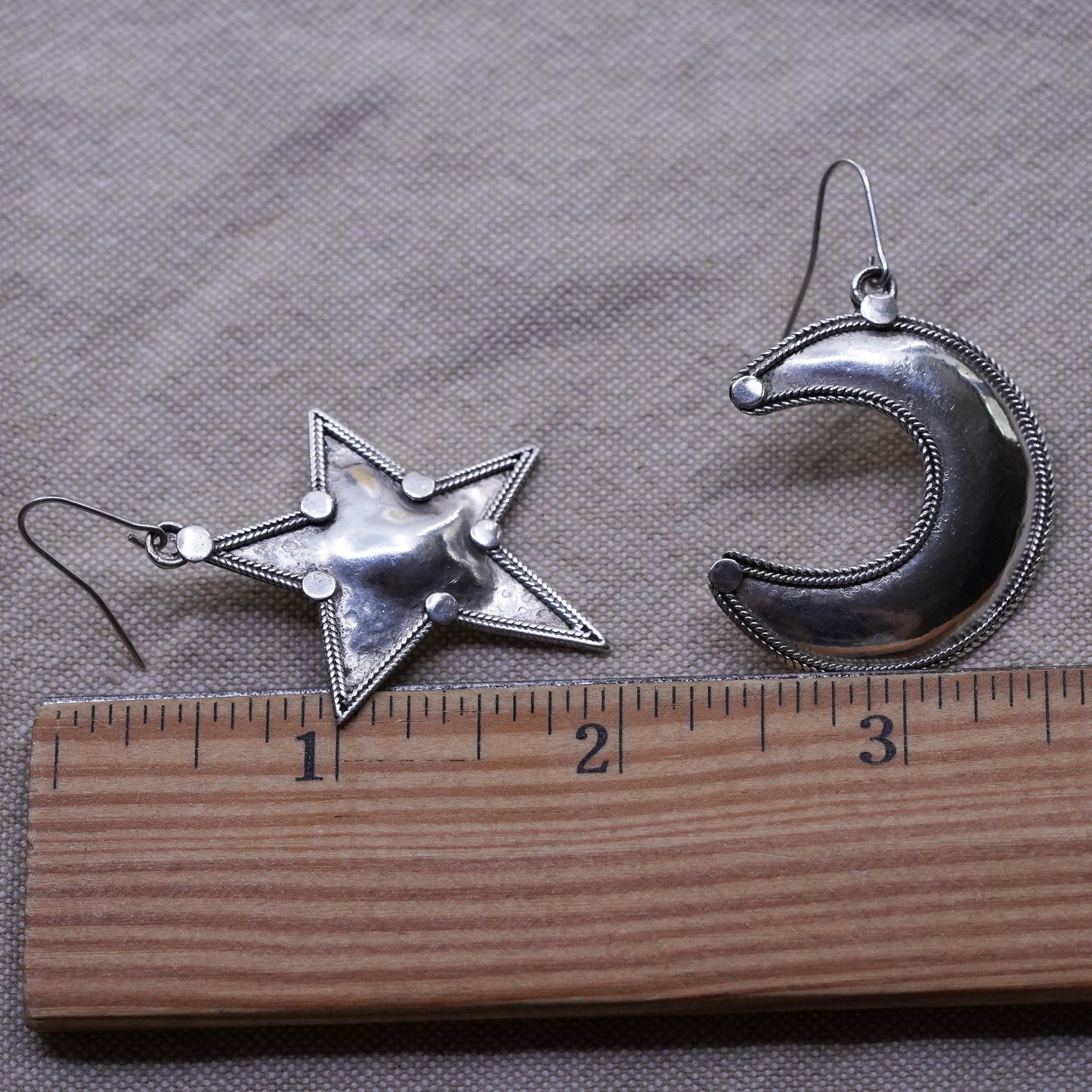Vintage sterling silver handmade earrings, 925 moon and star drops