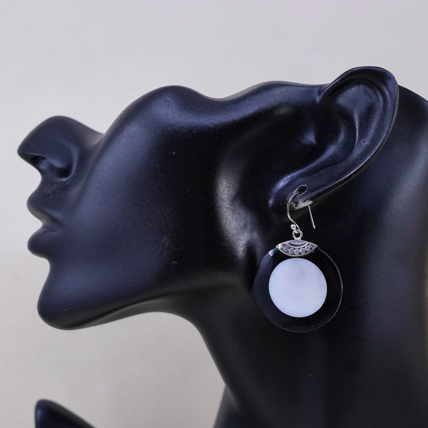 Vintage sterling silver handmade earrings, two tone mother of pearl round drops