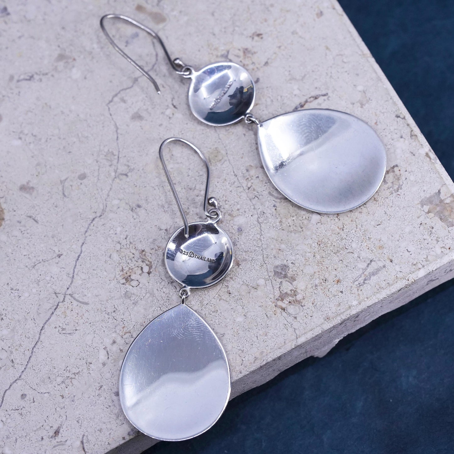 Vintage sterling silver handmade earrings, textured 925 teardrop drops