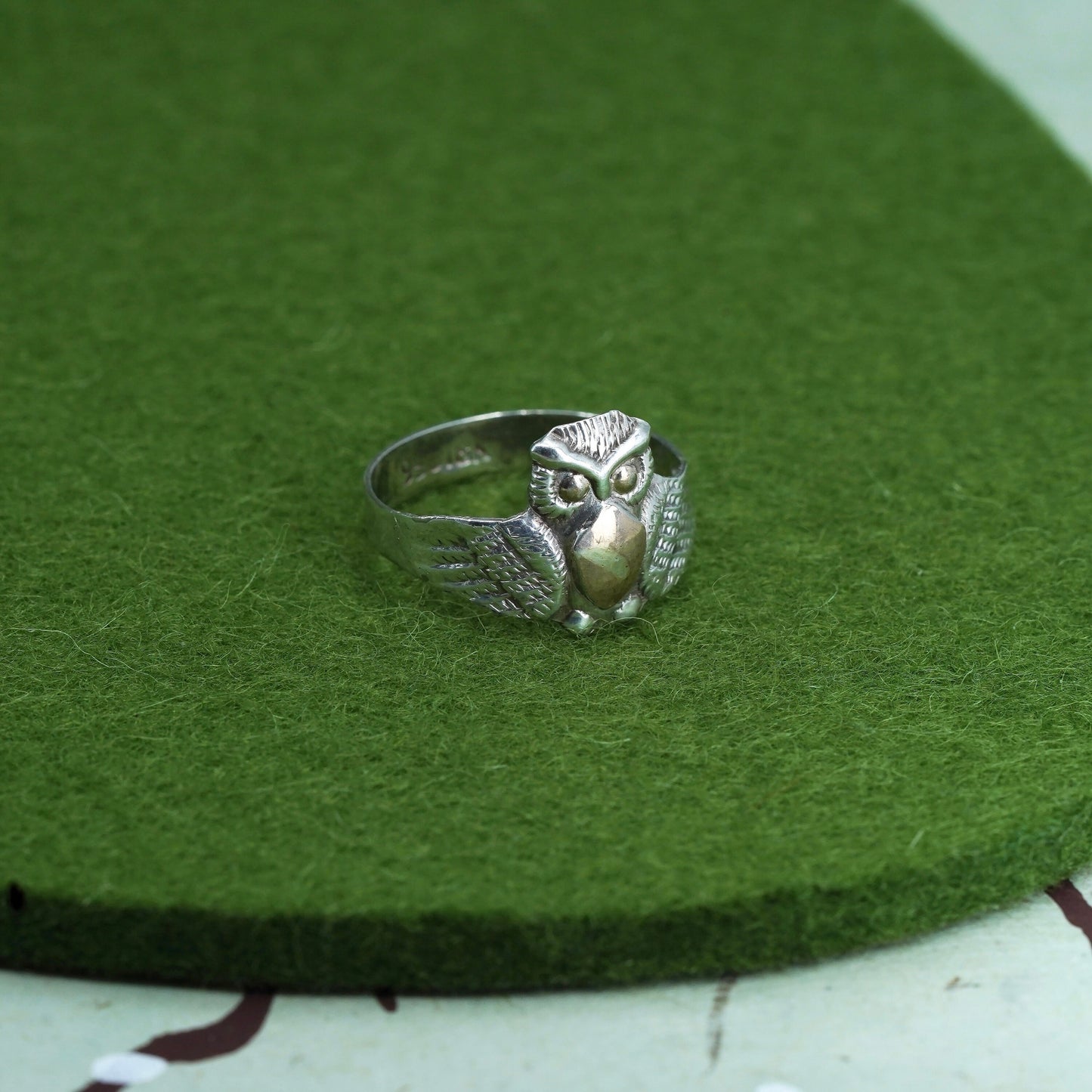Size 9, two tone 18K Sterling silver handmade ring, 925 owl band golden eyes