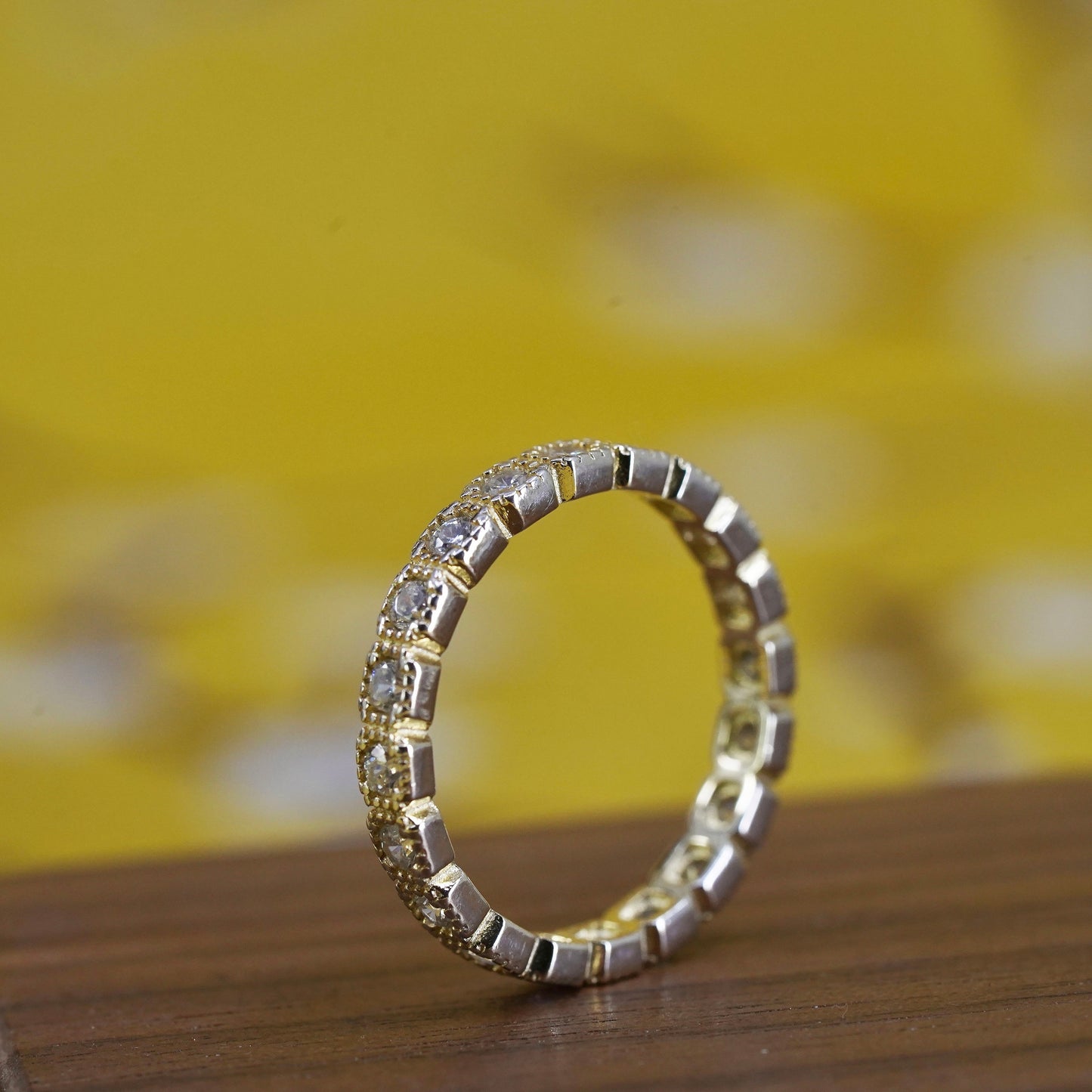 Size 7, VTG vermeil gold over Sterling silver ring, 925 stackable band with cz