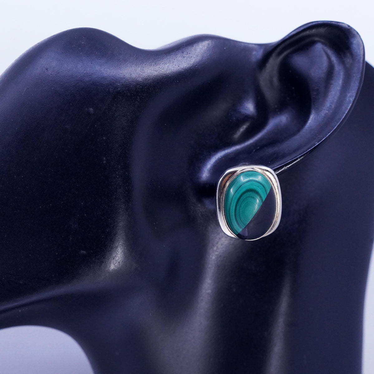 Vintage Sterling 925 silver handmade earrings, clip on w/ black onyx malachite