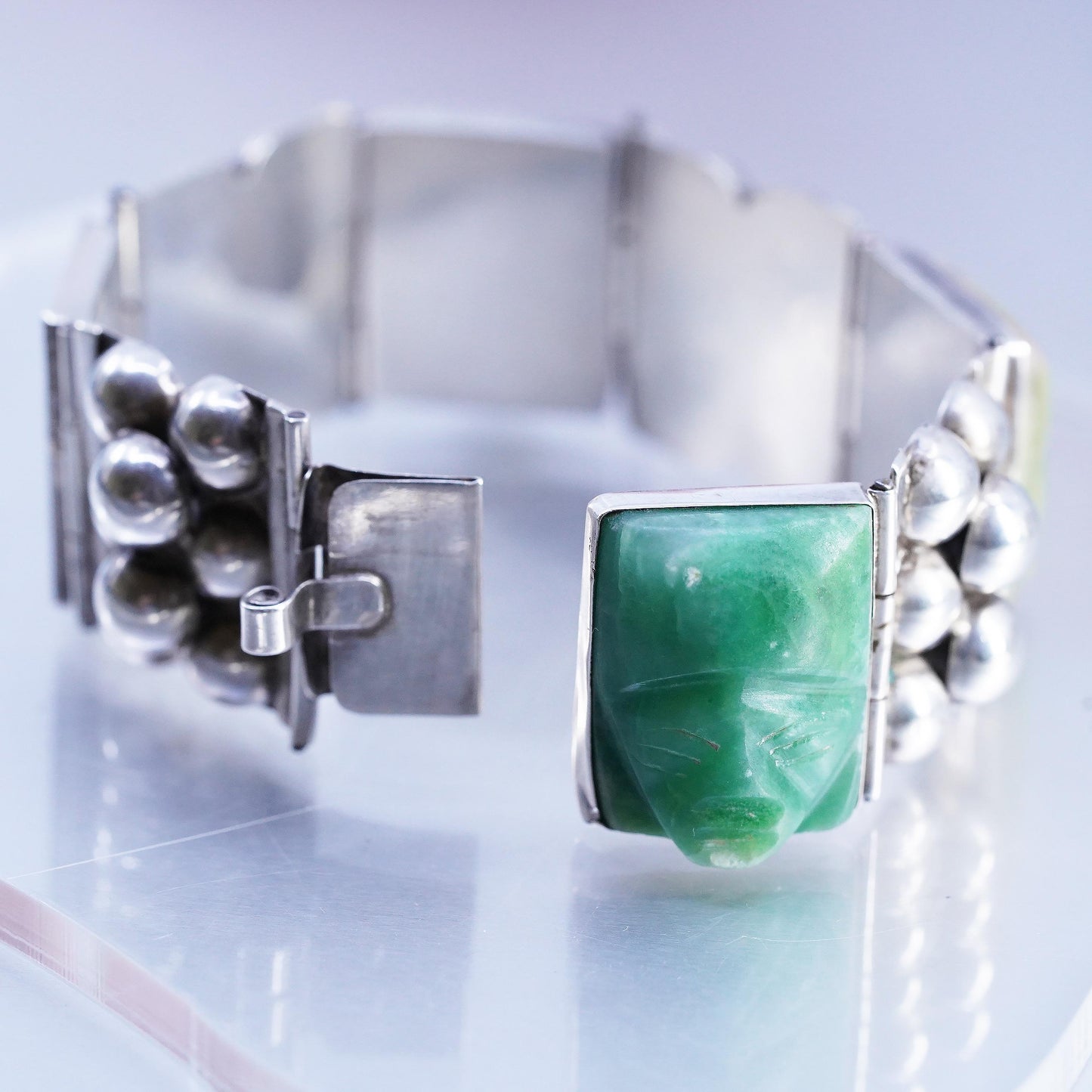 6", DEFECTED! Mexican Sterling Silver Carved Jade Face Mask Panel Bracelet