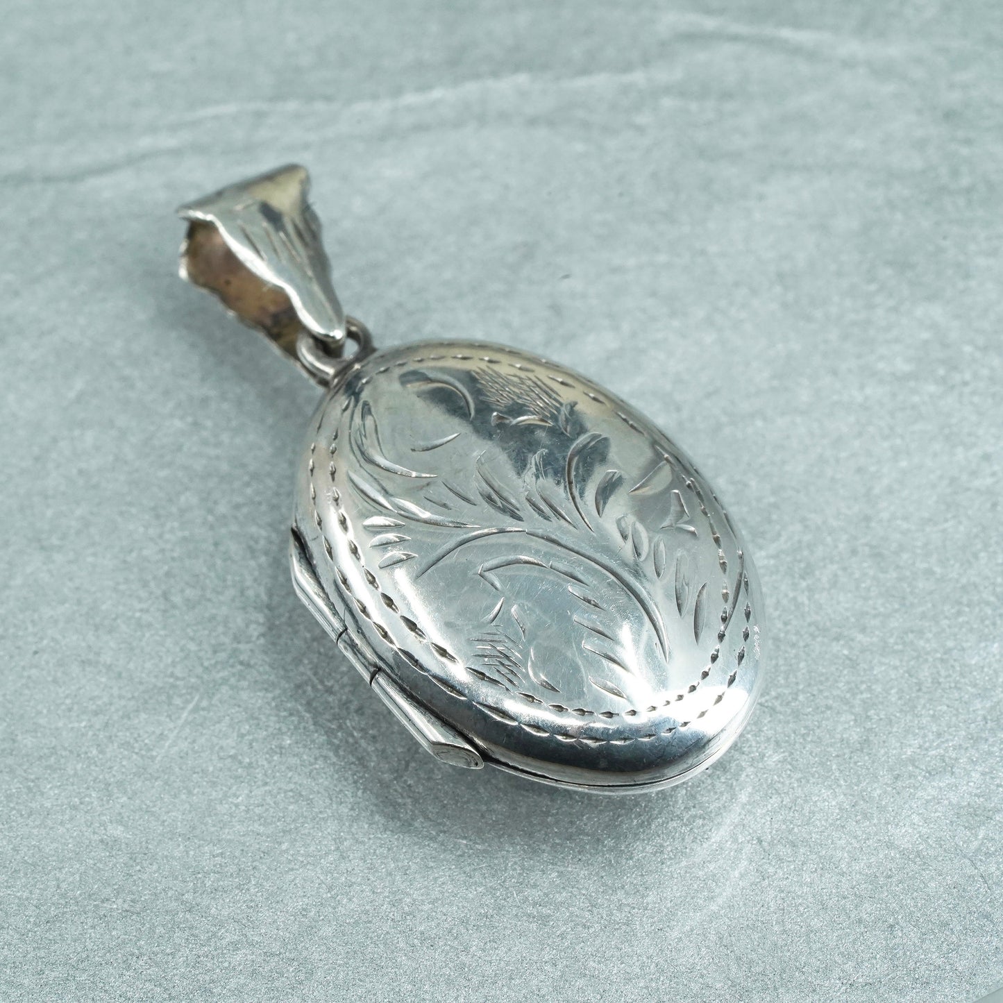 Sterling silver pendant charm, textured 925 oval floral two photos locket