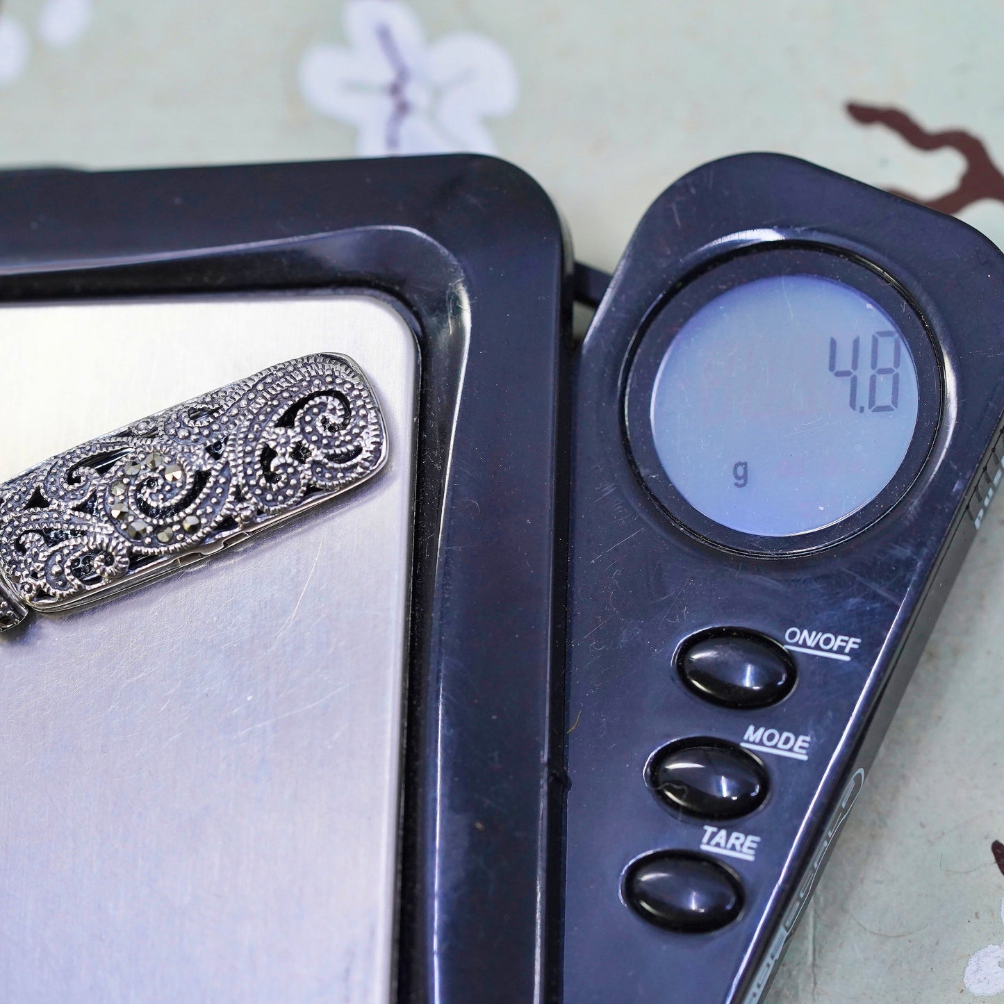 Sterling silver prayer box pendant, filigree 925 locket charm with Marcasite