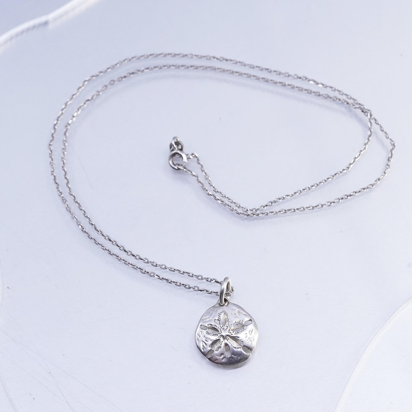 Vintage Sterling silver handmade circle chain necklace, 925 sand dollar pendant