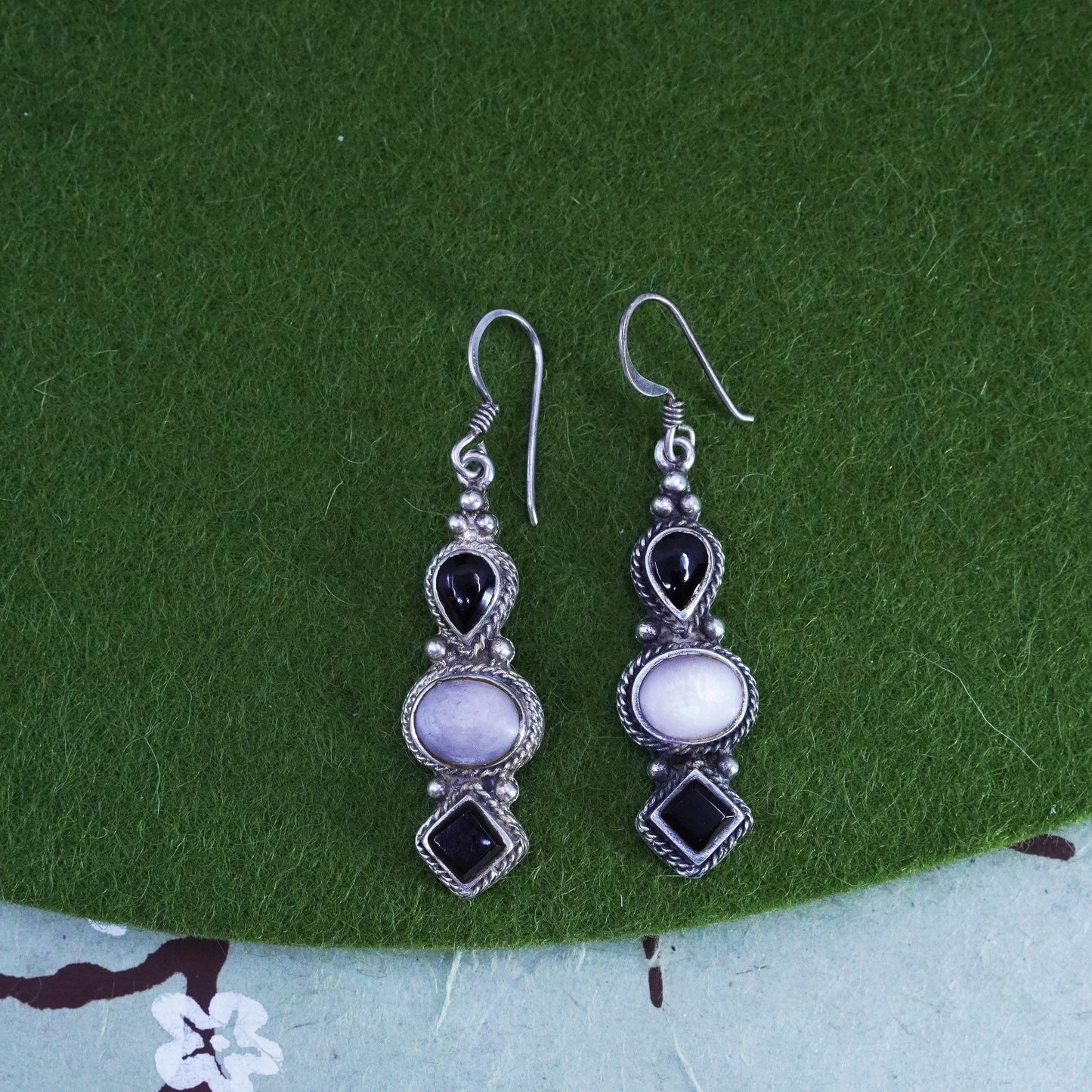 Vintage Sterling silver handmade earrings, 925 teardrop onyx mother of pearl