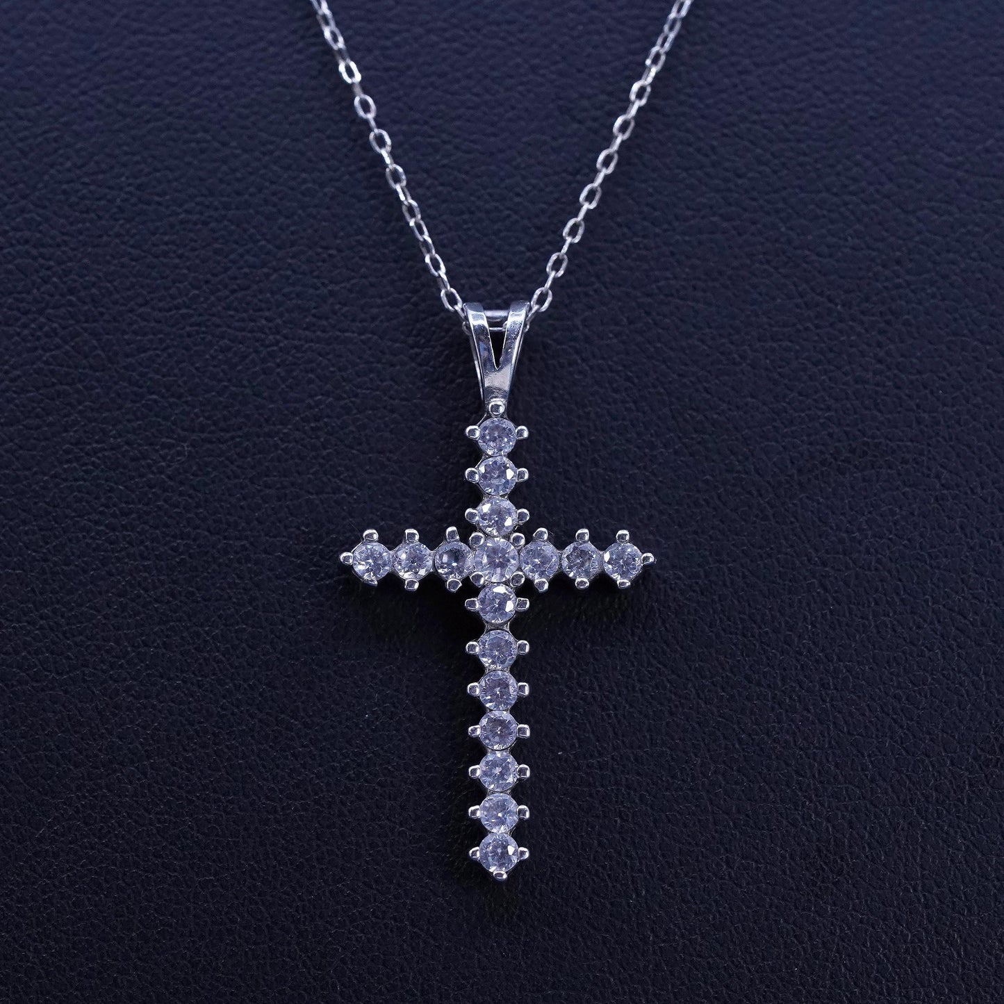 18”, 1mm, vintage Sterling silver necklace, 925 circle chain with cross pendant and Cz