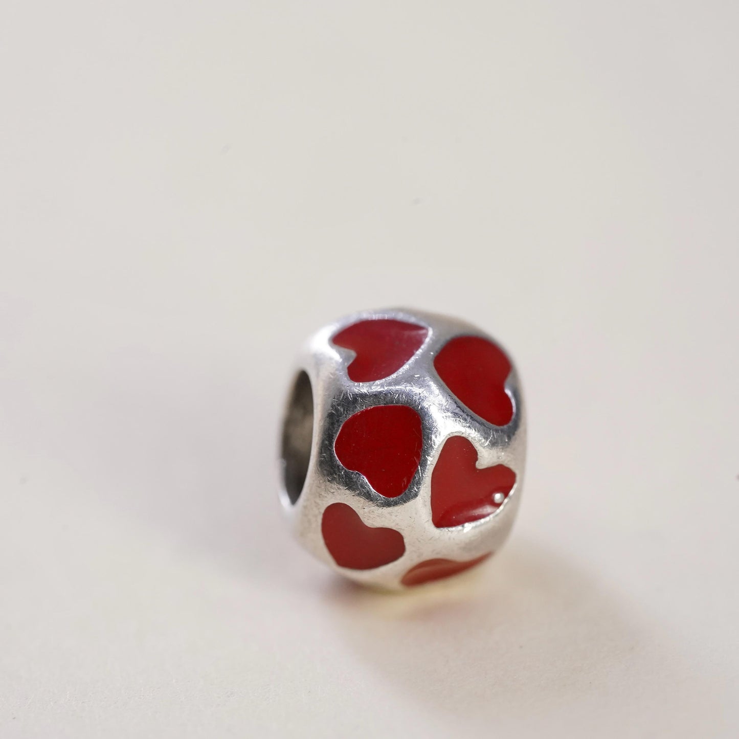 Vintage Sterling silver handmade pendant, 925 red enamel heart bead charm