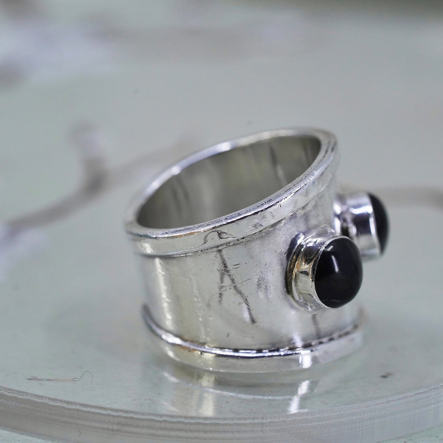Size 8, vintage HOB Sterling 925 silver handmade statement ring with onyx inlay
