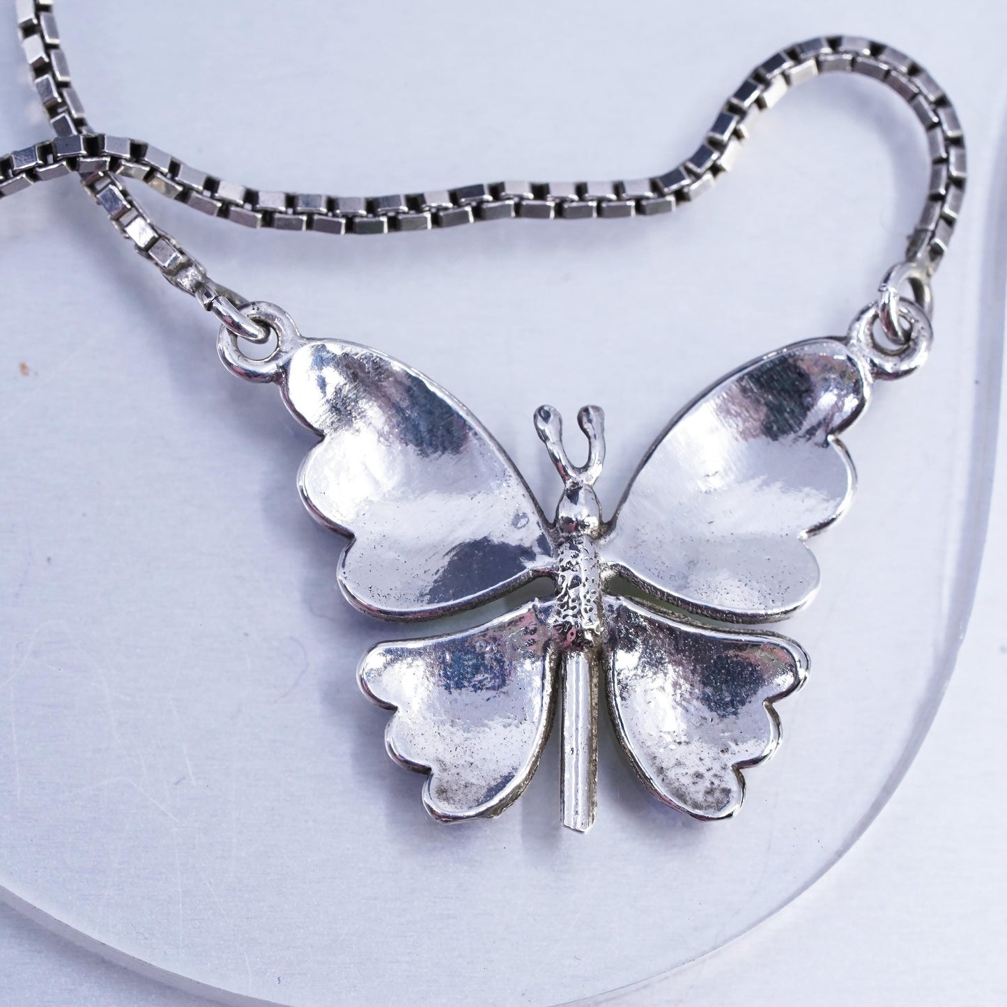 16”, vintage Sterling 925 silver box chain necklace enamel butterfly pendant