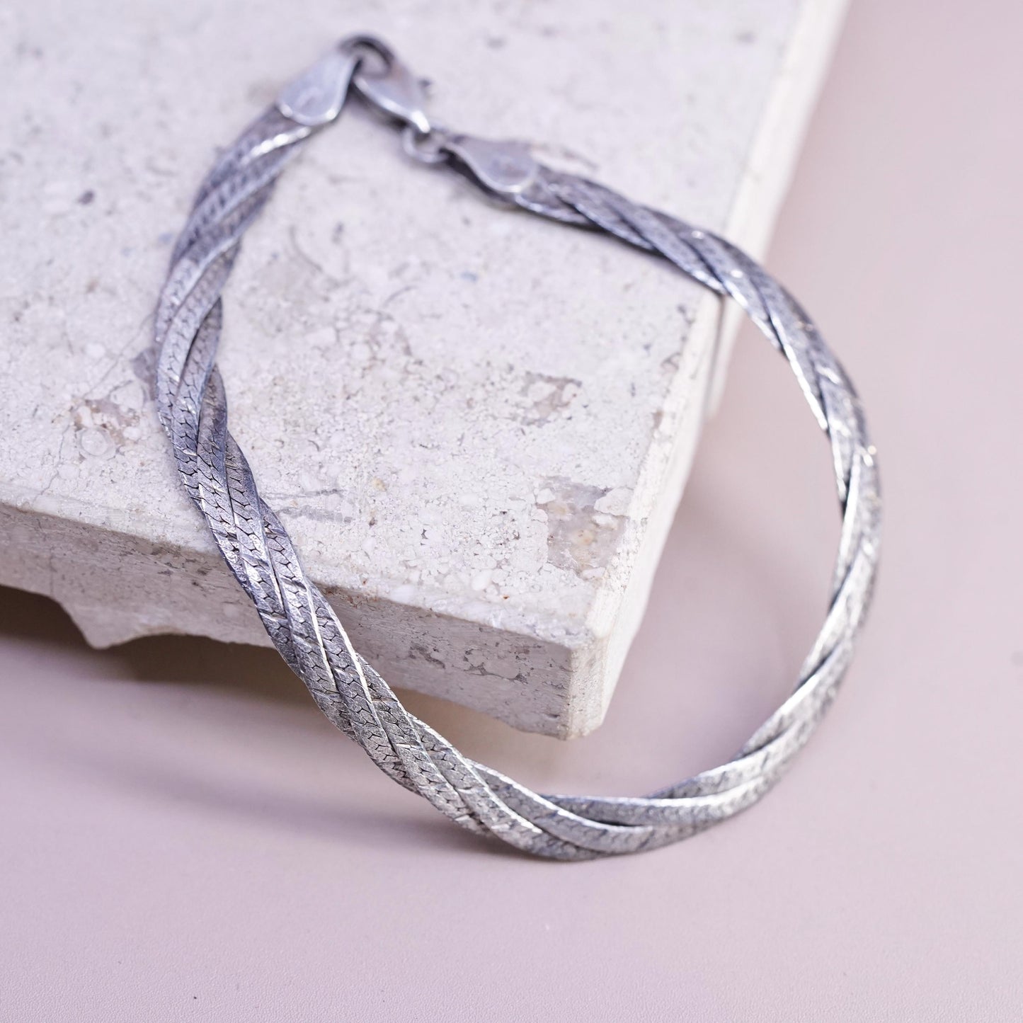 7", 6mm, vintage Sterling silver bracelet, 925 woven flatten herringbone chain